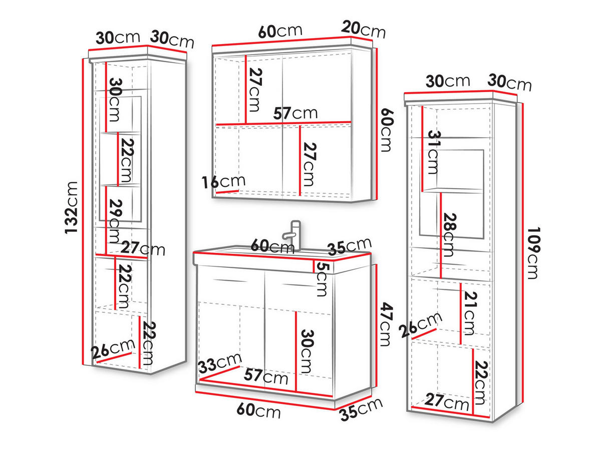BADMÖBEL-SET Madrit II mit weißer LED Beleuchtung - Silberfarben/Grau, Holzwerkstoff/Kunststoff (132/132/30cm) - MIRJAN24