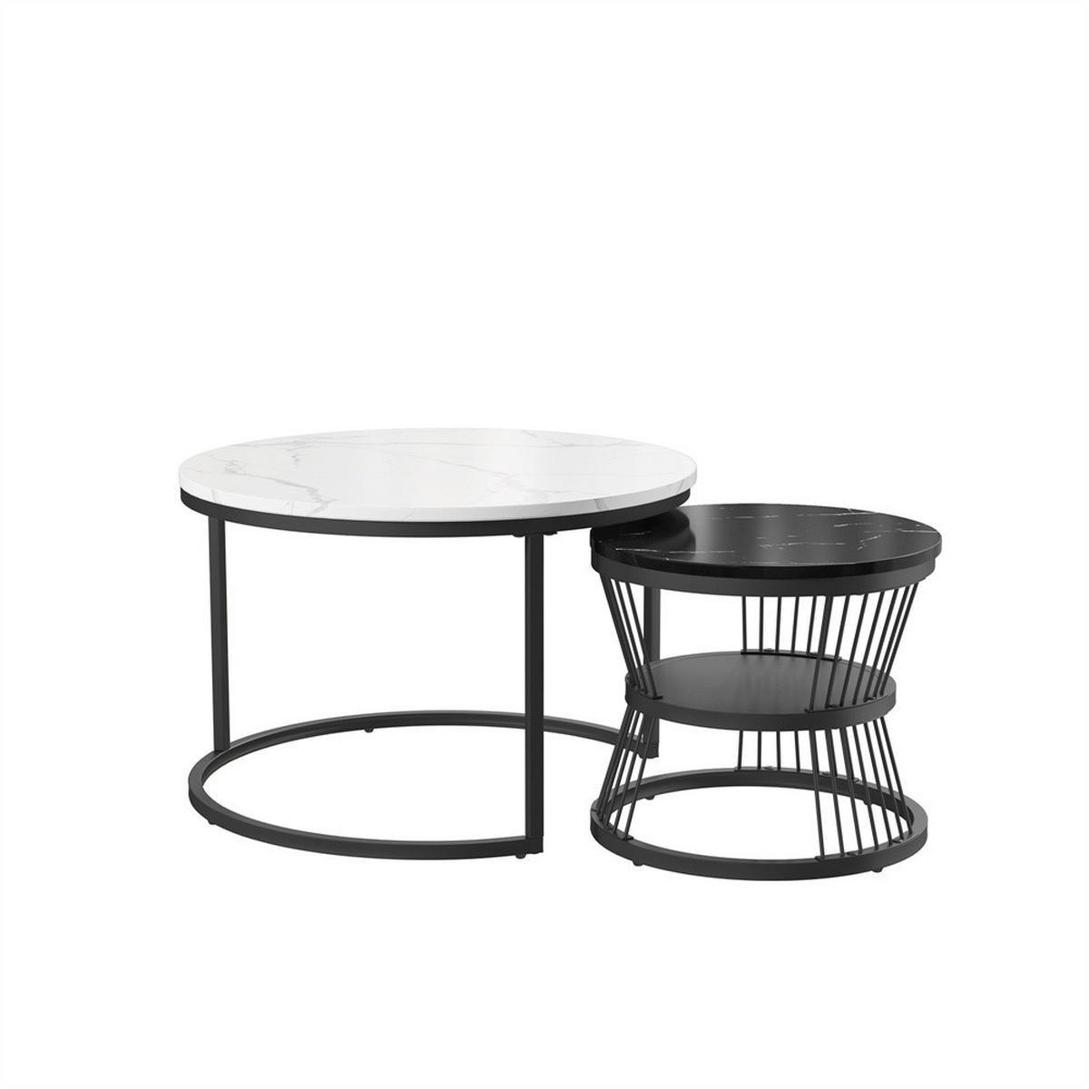 COUCHTISCH 2er-Set - Runder Couchtisch - Durchmesser 70 cm und Durchmesser 45 cm - Weiß und Schwarz - Schwarz, Holzwerkstoff (70/70/45cm) - DELFA