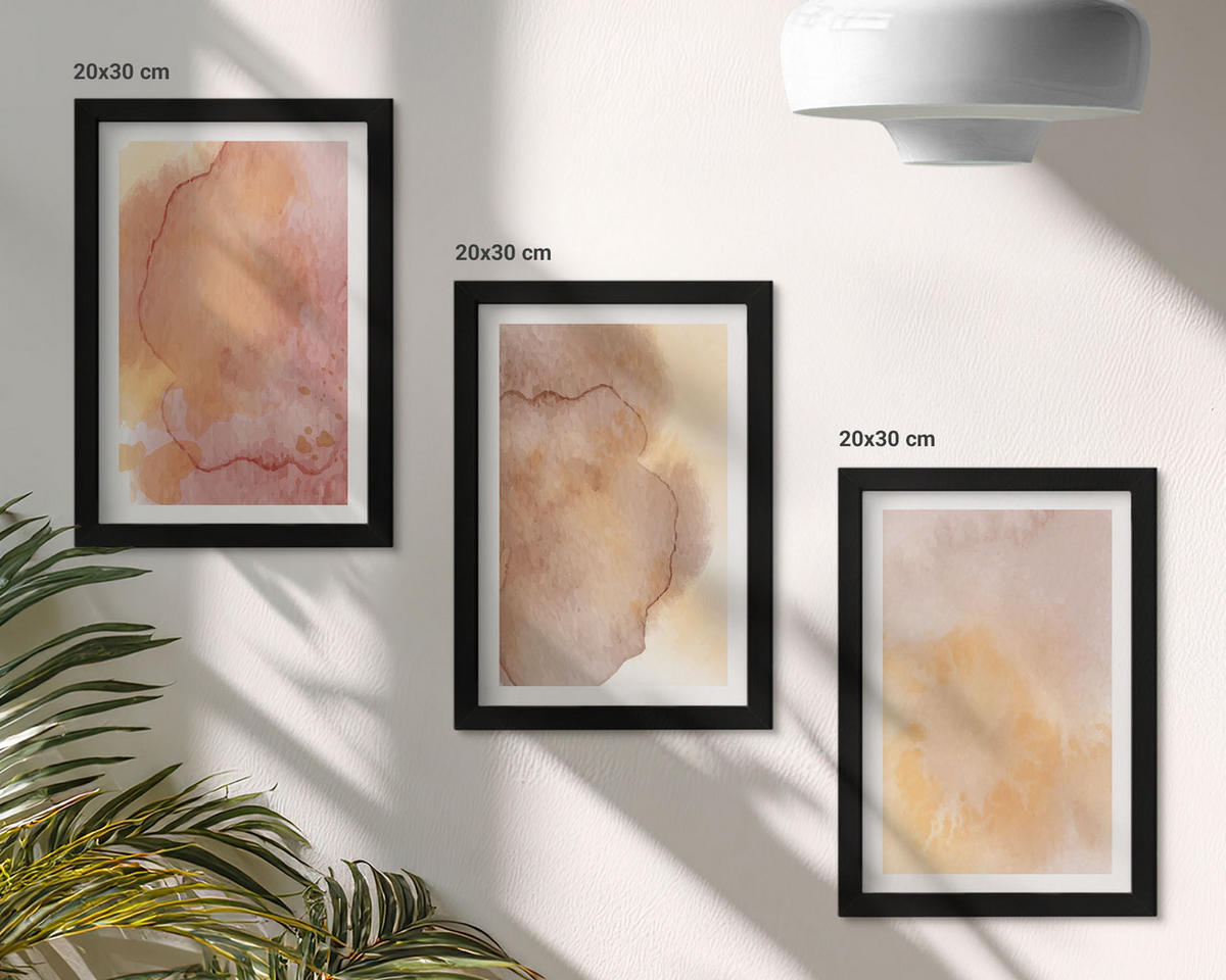 BILDER SET 3er Set - 20x30 cm Schwarzer Rahmen - Warme, farbenfrohe Aquarelltexturen - Schwarz, Kunststoff (20/30cm) - TULUP