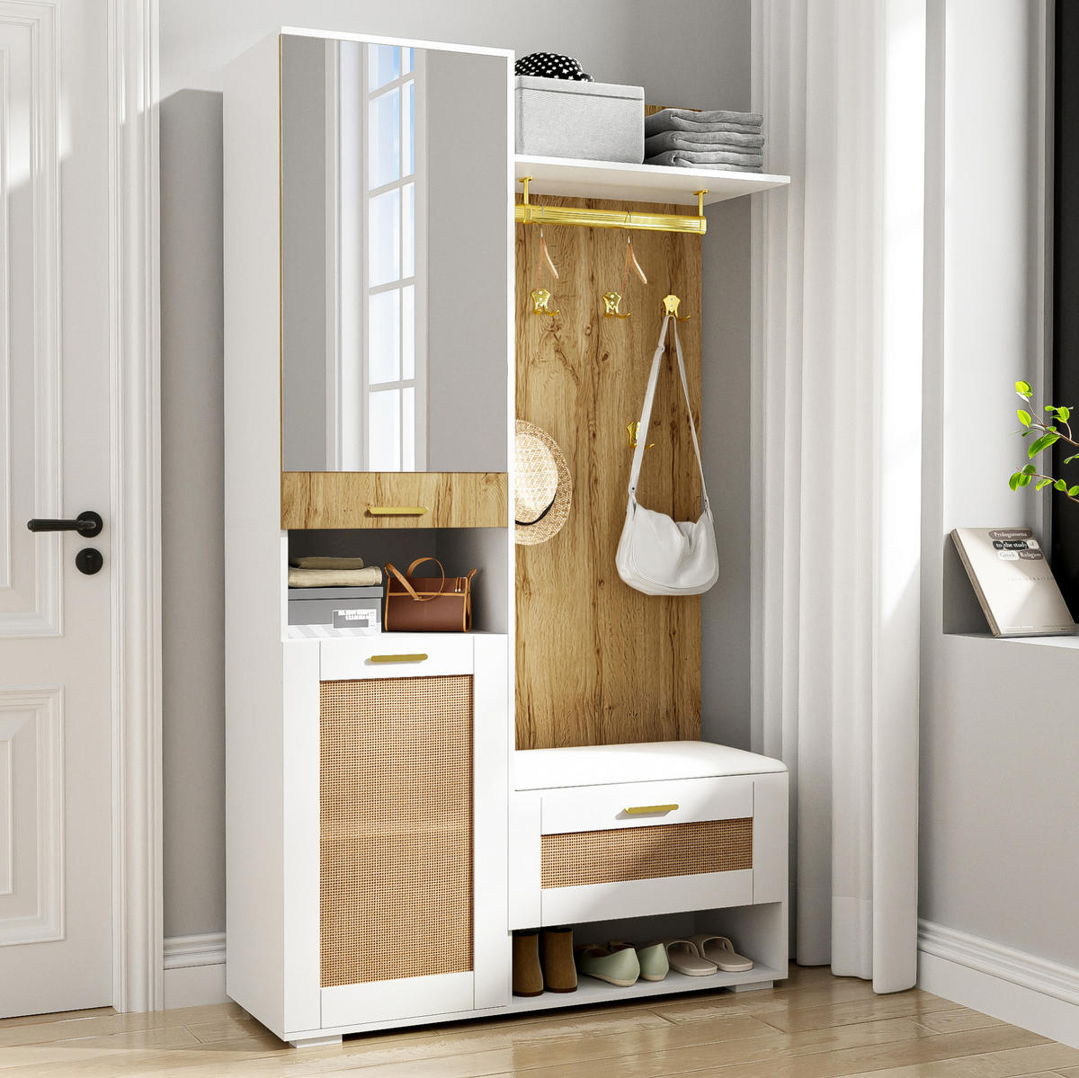 DIELENGARDEROBE mit Spiegel, Sitzbank und 6 Haken, 110/38/190 cm - Weiß, Holzwerkstoff (38/190/110cm) - BEAOK