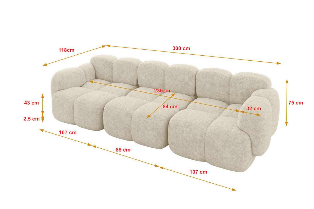 3-SITZER modulares Sofa Miko-S2 300x118x75 cm Creme Velours - Creme/Schwarz, Holzwerkstoff/Kunststoff (300/75/118cm) - ALTDECOR