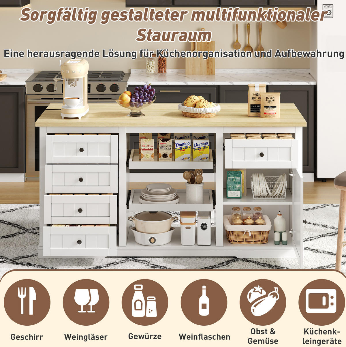 SIDEBOARD 150/65/75,5 cm in Weiß/Natur mit Klappplatte und Steckdosen - Naturfarben, Holzwerkstoff (150/75.5/65cm) - Flora Grace