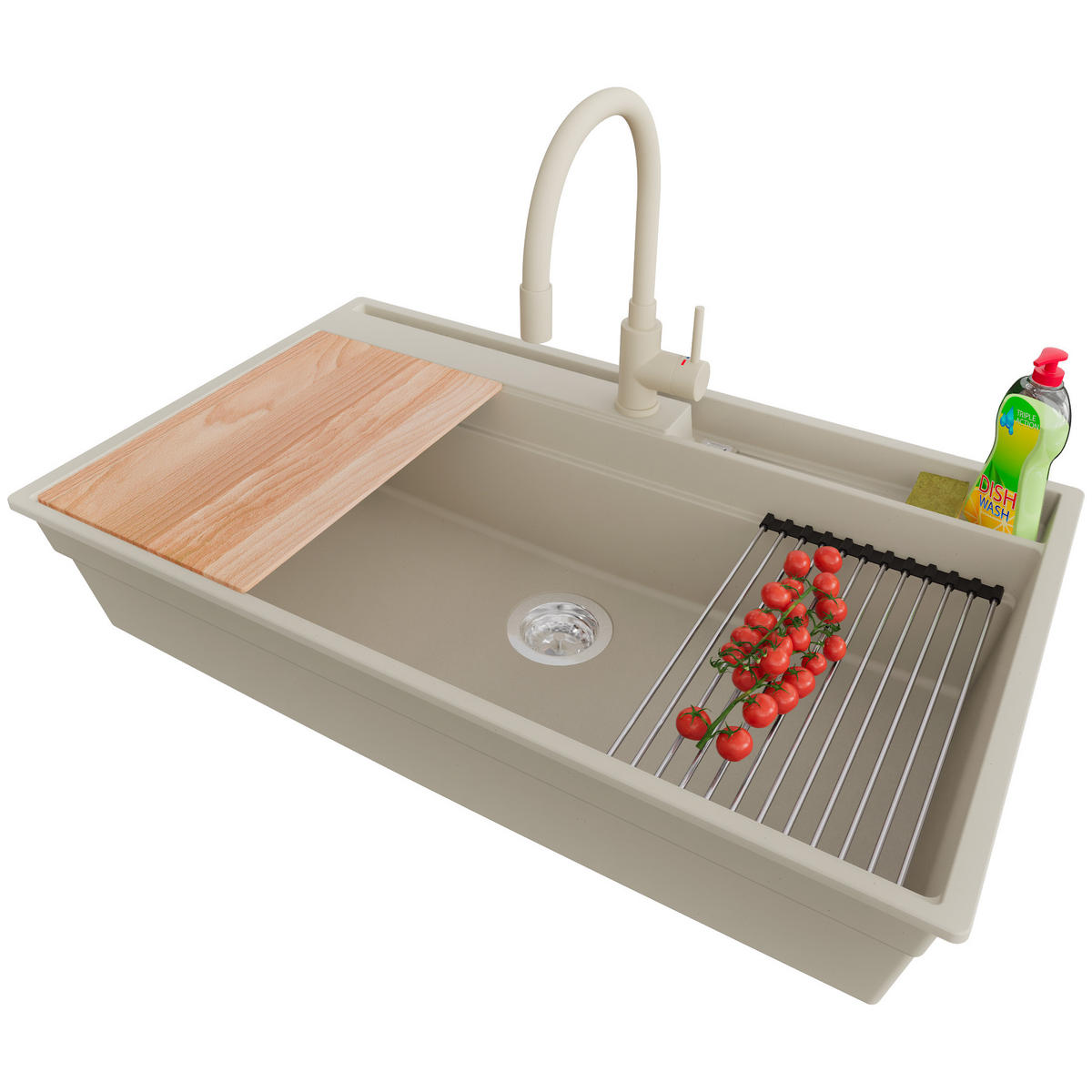 GRANITSPÜLE Oslo Pocket, 2-er set Beige 88/53 cm 1 Becken + Küchenarmatur 38/14 cm + Ablauf-Set + Küchenzubehörset ab 90er Unterschrank - Chromfarben/Beige, Kunststoff (88/20/53cm) - Primagran