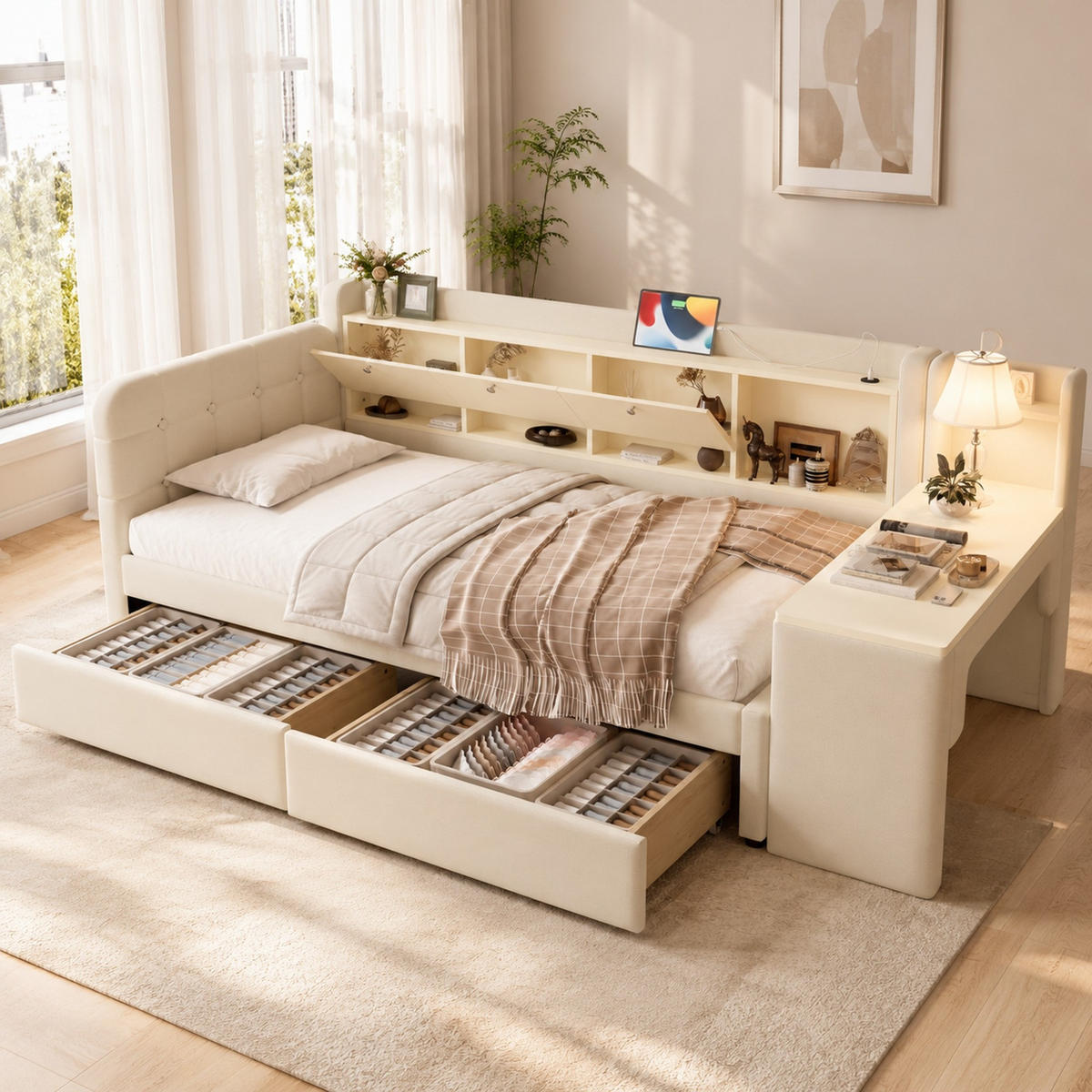 POLSTERBETT 90/200 mit Schreibtisch, 2 Schubladen, USB-C, Ablagefach und Lattenrost in Beige - Beige, Holzwerkstoff/Textil (90/200cm) - EVRYAE