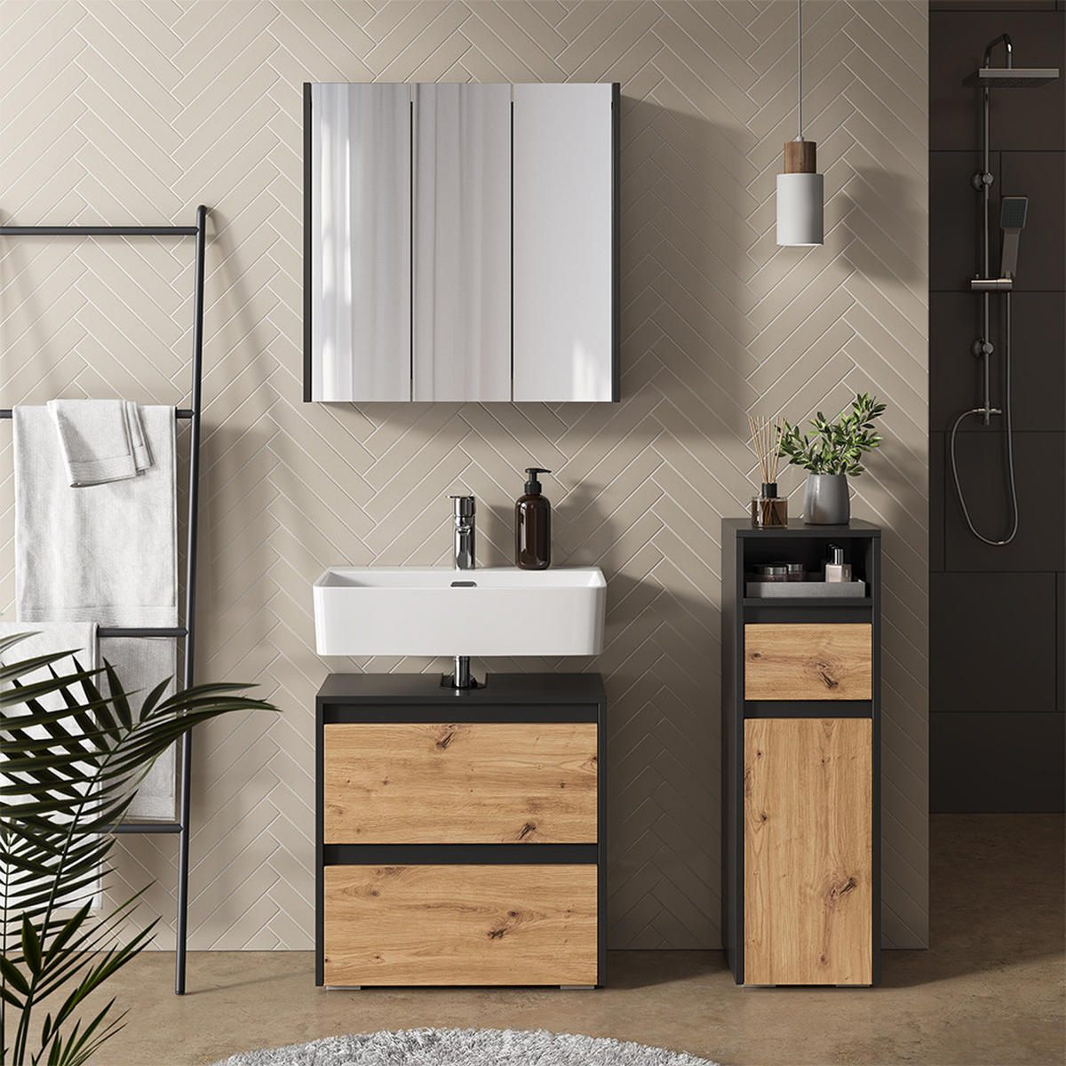 BADMÖBEL-SET Majest Anthrazit/Artisan 3 Teile - Anthrazit/Hellgrau, Holzwerkstoff (60.1/62/30.1cm) - Vicco