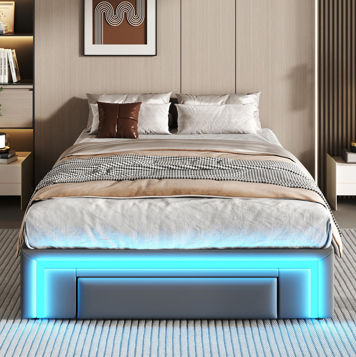POLSTERBETT 90/200 cm ohne Kopfteil mit Schubladen, LED-Lichtleiste und Metallrahmen, Grau - Grau, Textil (90/200cm) - Redom
