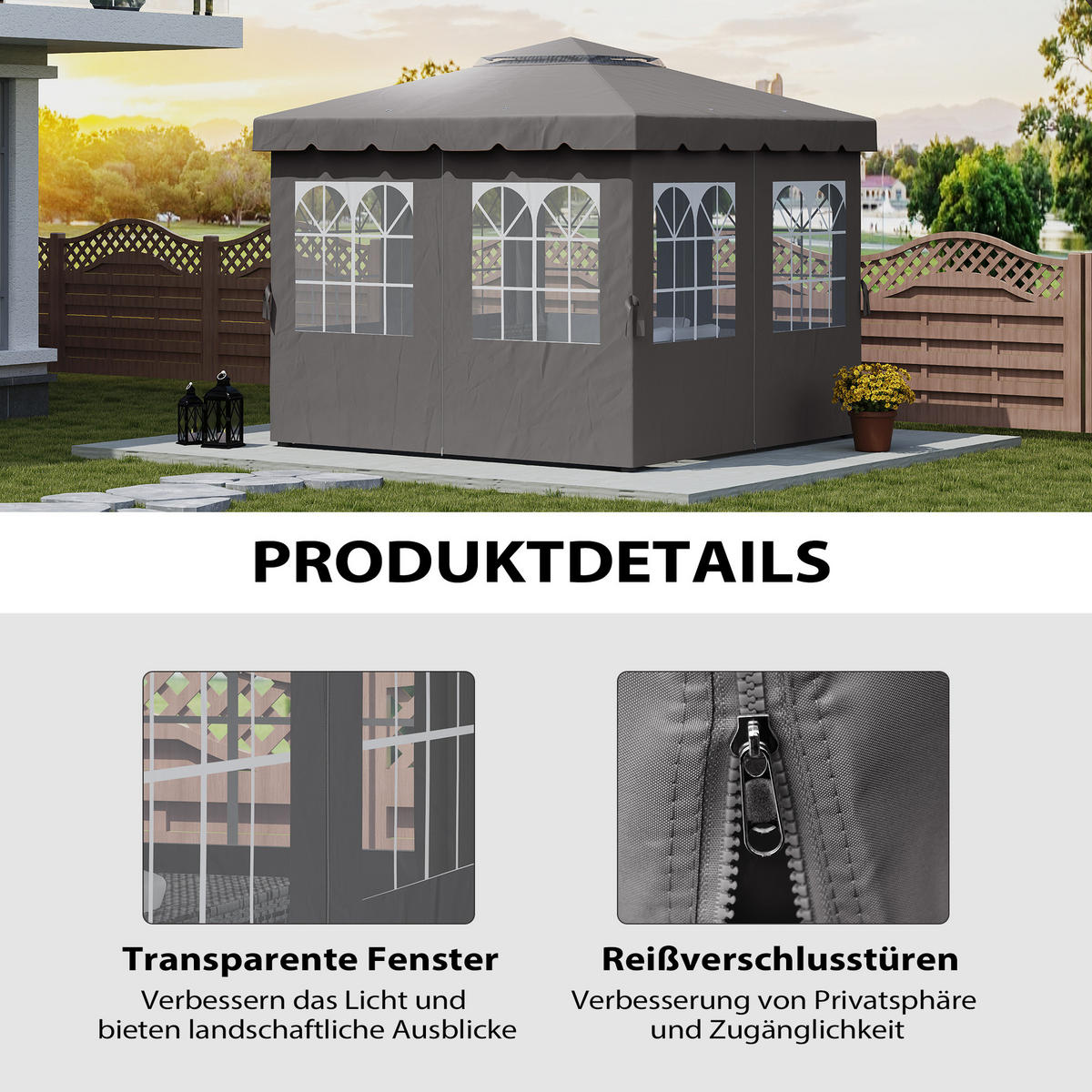 PAVILLON-SEITENWÄNDE, 4 Seitenwand-Paneele für Gartenpavillon, mit Reißverschluss, 3 x 3 m Pavillon, Dunkelgrau - Dunkelgrau, Textil (302/205/1cm)