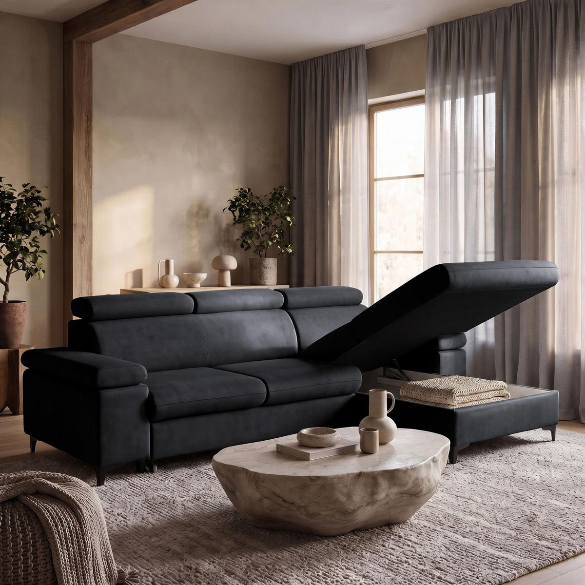 ECKSOFA MAVIC L Rechts mit Schlaffunktion Velours Graphit - Graphitfarben/Schwarz, Glas/Holz (257/176cm) - Muffo