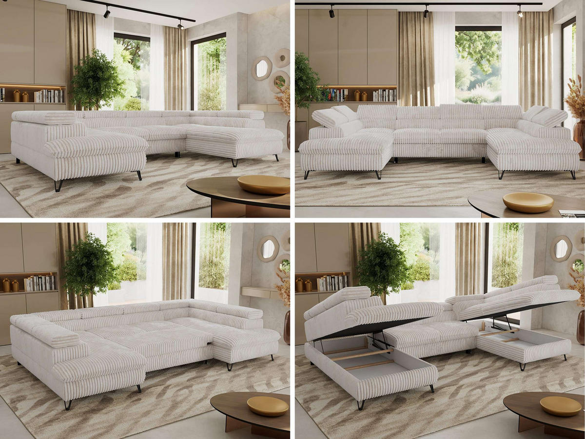 WOHNLANDSCHAFT PABLO U Cord Beige mit Topper Visco - Beige/Schwarz, Textil/Metall (346/76/208cm) - MKS