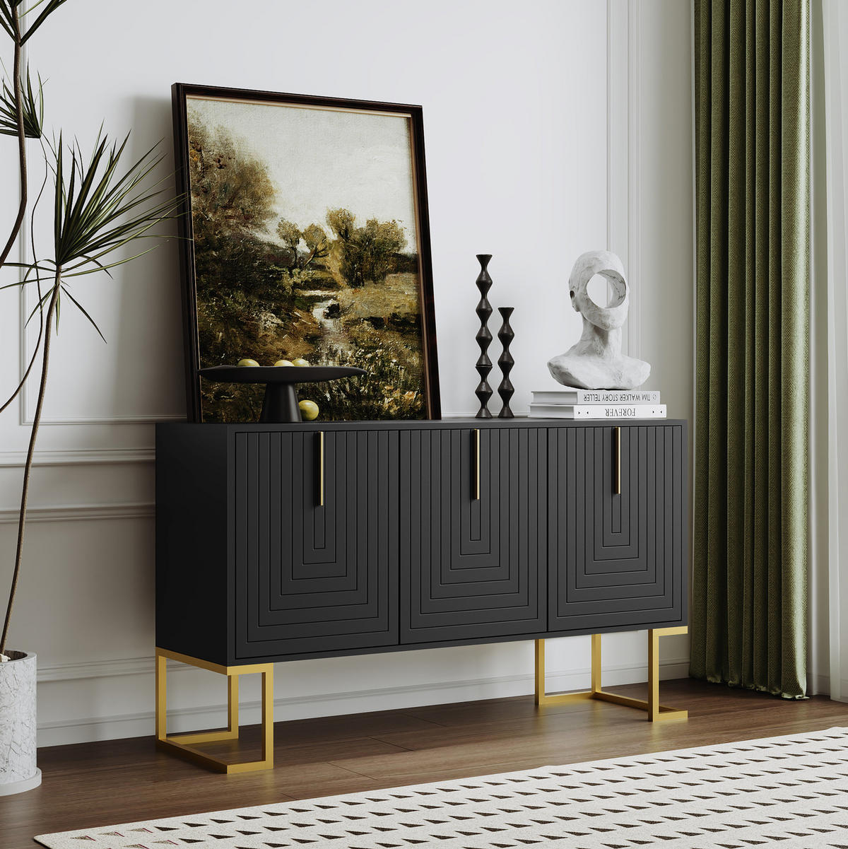 SIDEBOARD Schwarz mit 3 Türen und verstellbaren Regalböden,138/80.5/40 cm - Schwarz, Holzwerkstoff (138/80.5/40cm) - Flora Grace
