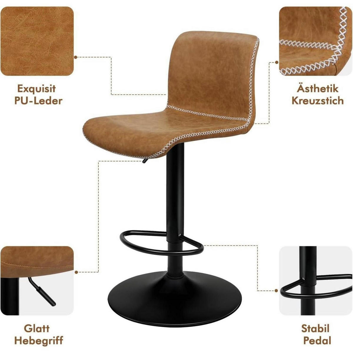 BARHOCKER 2er Set Kunstleder Braun, höhenverstellbar und 360° drehbar - Braun, Kunststoff (41.5/107/41.5cm)