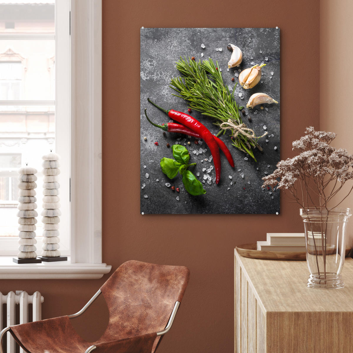 OBRAZ NA AKRYLOVOM SKLE Korenie - bylinky - korenie - betón 60x80 cm - tmavosivá, sklo (60/80cm) - MuchoWow