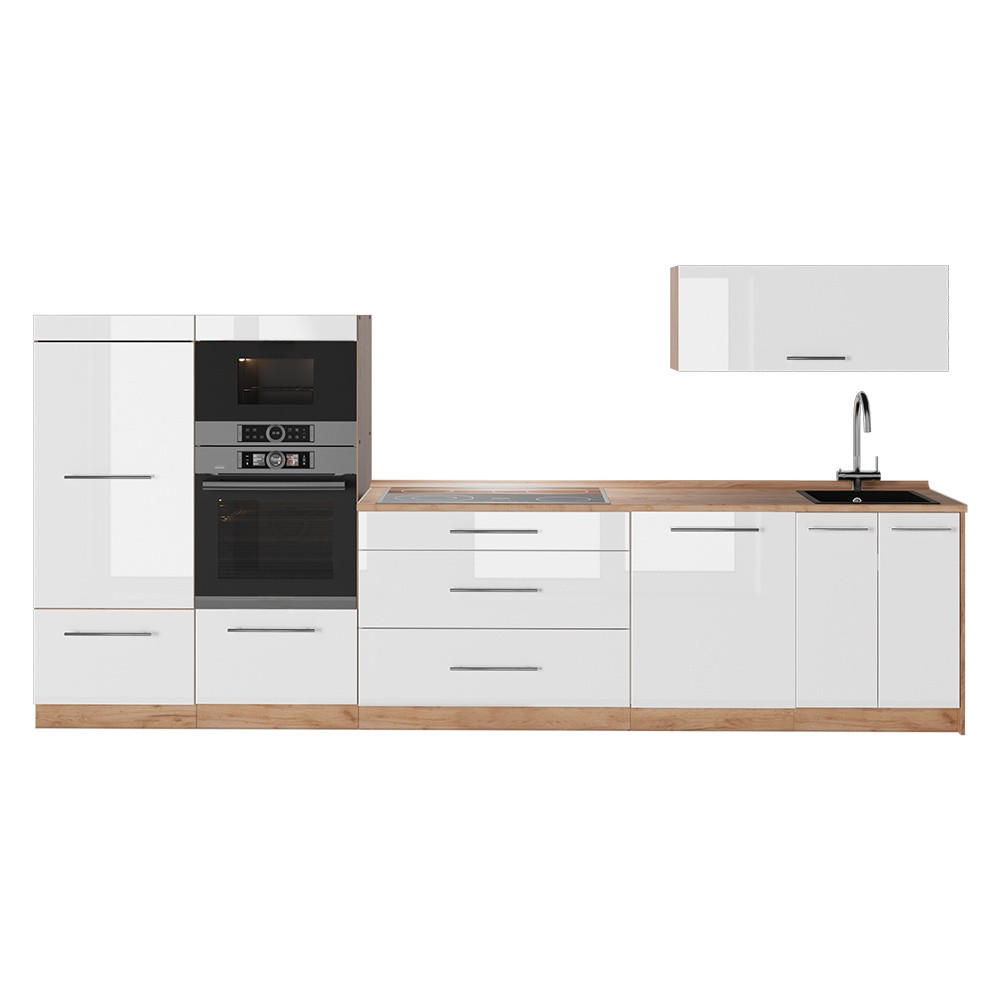 KÜCHENZEILE Fame-Line, Weiß Hochglanz/Goldkraft Eiche, 340 cm ohne Arbeitsplatte - Honigeiche/Weiß Hochglanz, Holzwerkstoff (340/153.6/51.6cm) - Vicco