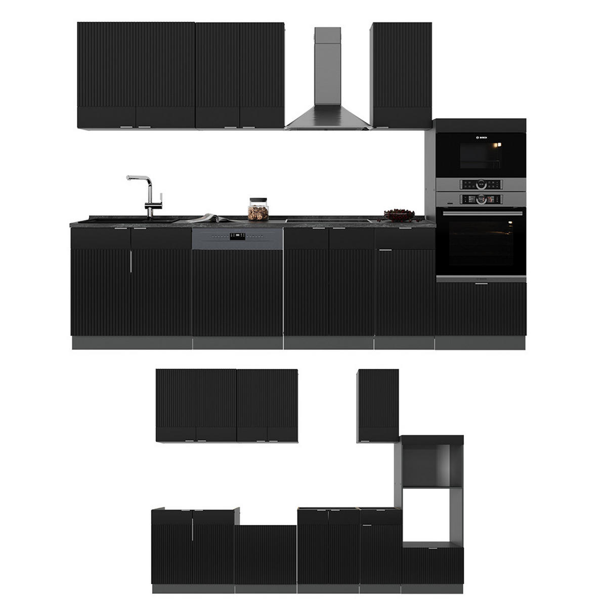 KÜCHENZEILE Fame-Line, Schwarz gestreift/Anthrazit, 300 cm mit Hochschrank, AP Anthrazit - Anthrazit/Schwarz, Holzwerkstoff (300/81.6/60cm) - Vicco