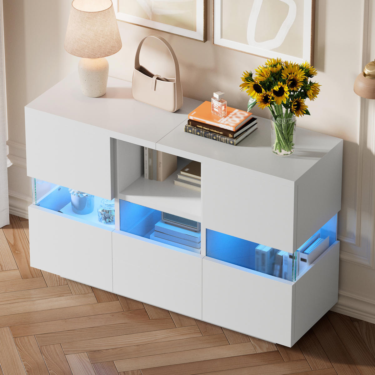 SIDEBOARD in Weiß Anrichte mit Schubladen und offenen Fächern für Wohnzimmer, B140/T35/H75 cm - Weiß, Holzwerkstoff/Metall (140/75/35cm) - STILVORA