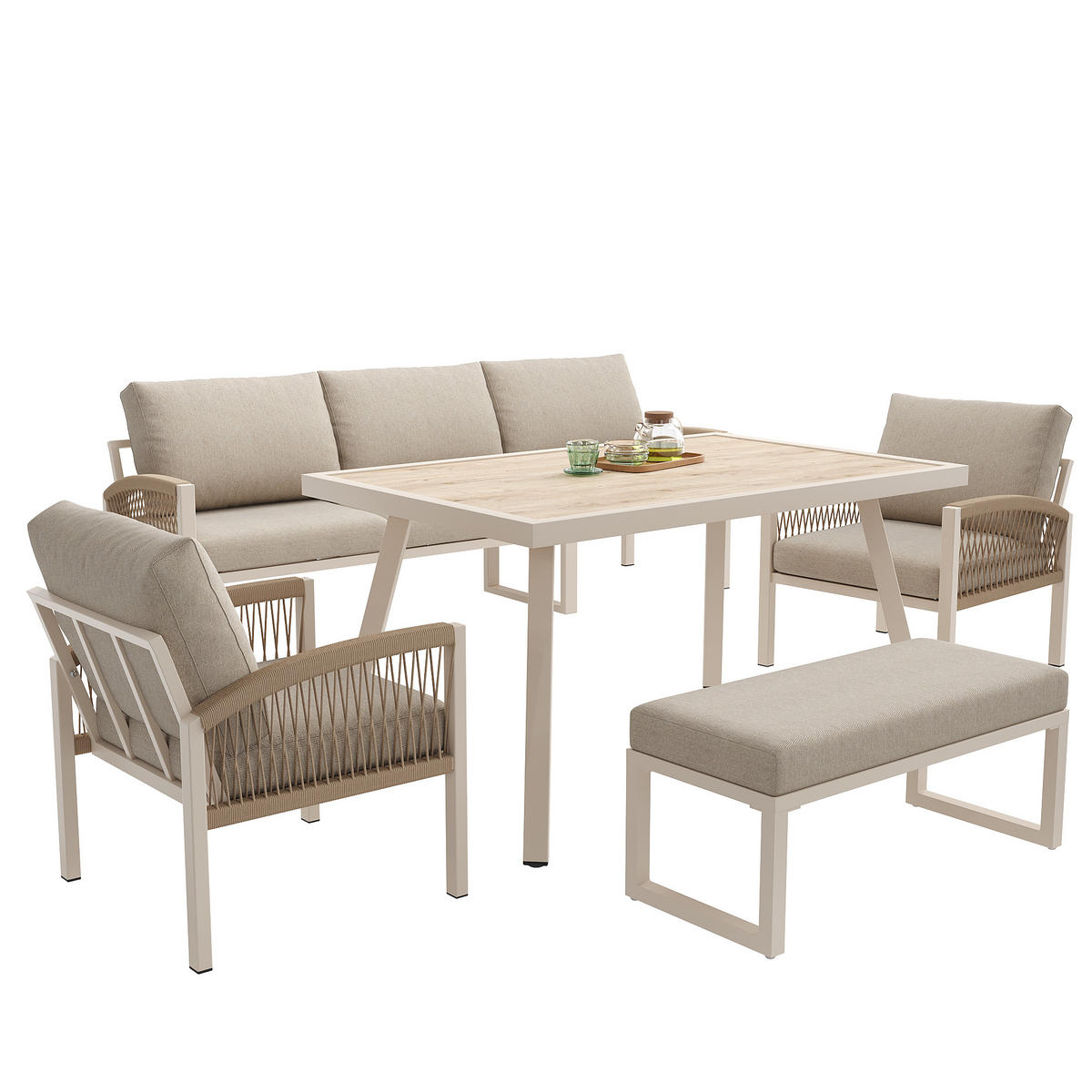 LOUNGEGARNITUR für 7 Personen mit mit Tisch (Holzoptik Glas) in Beige - Beige, Metall