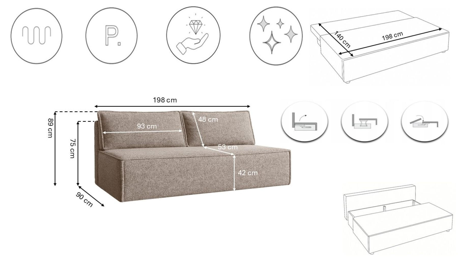 Thumbnail - Kaiser Möbel Schlafsofa, Cappuccino, Textil, 2-Sitzer, Füllung: Komfortschaum,Komfortschaum, Rechteckig, 198x89x90 cm, W...