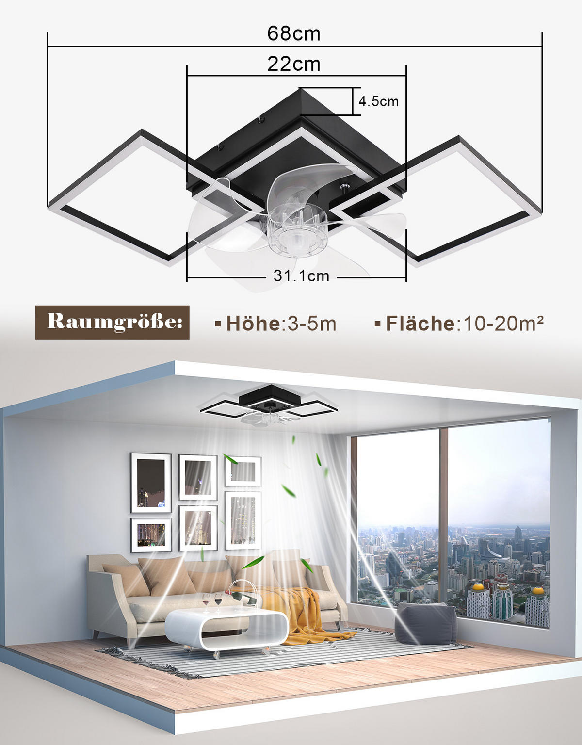 LED DECKENVENTILATOR Telven 68/31/14 cm - Schwarz, Kunststoff/Metall (68/31/14cm) - ZMH