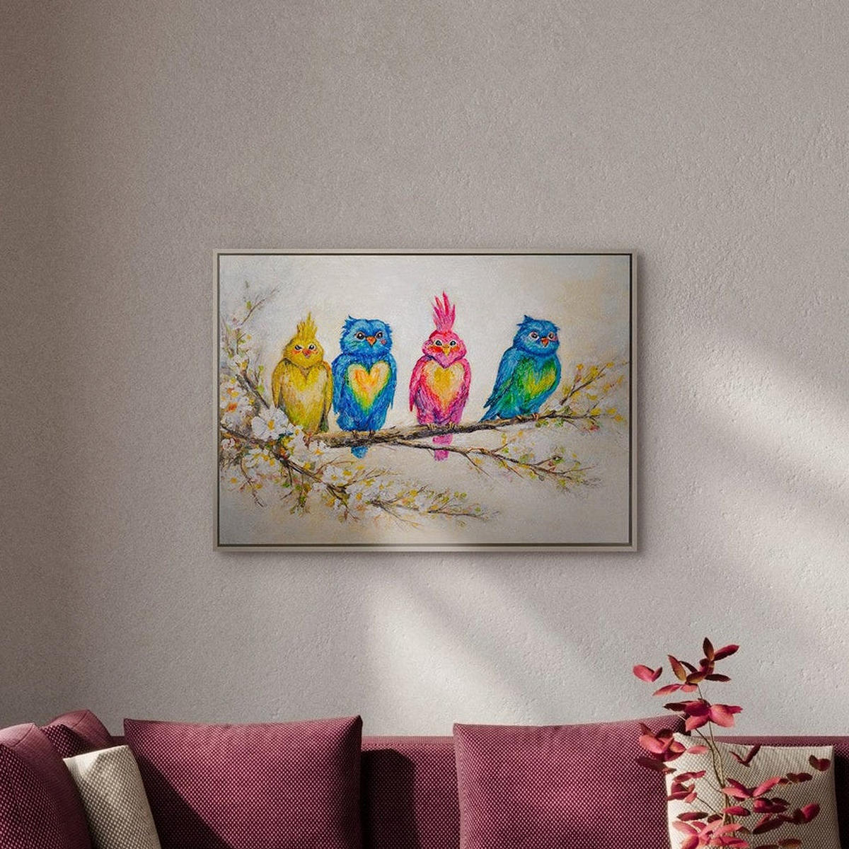 GEMÄLDE Vogelgesellschaft Schattenfugenrahmen Beige 70x50 cm - Beige, Holz (70/50cm) - YS-art gallery