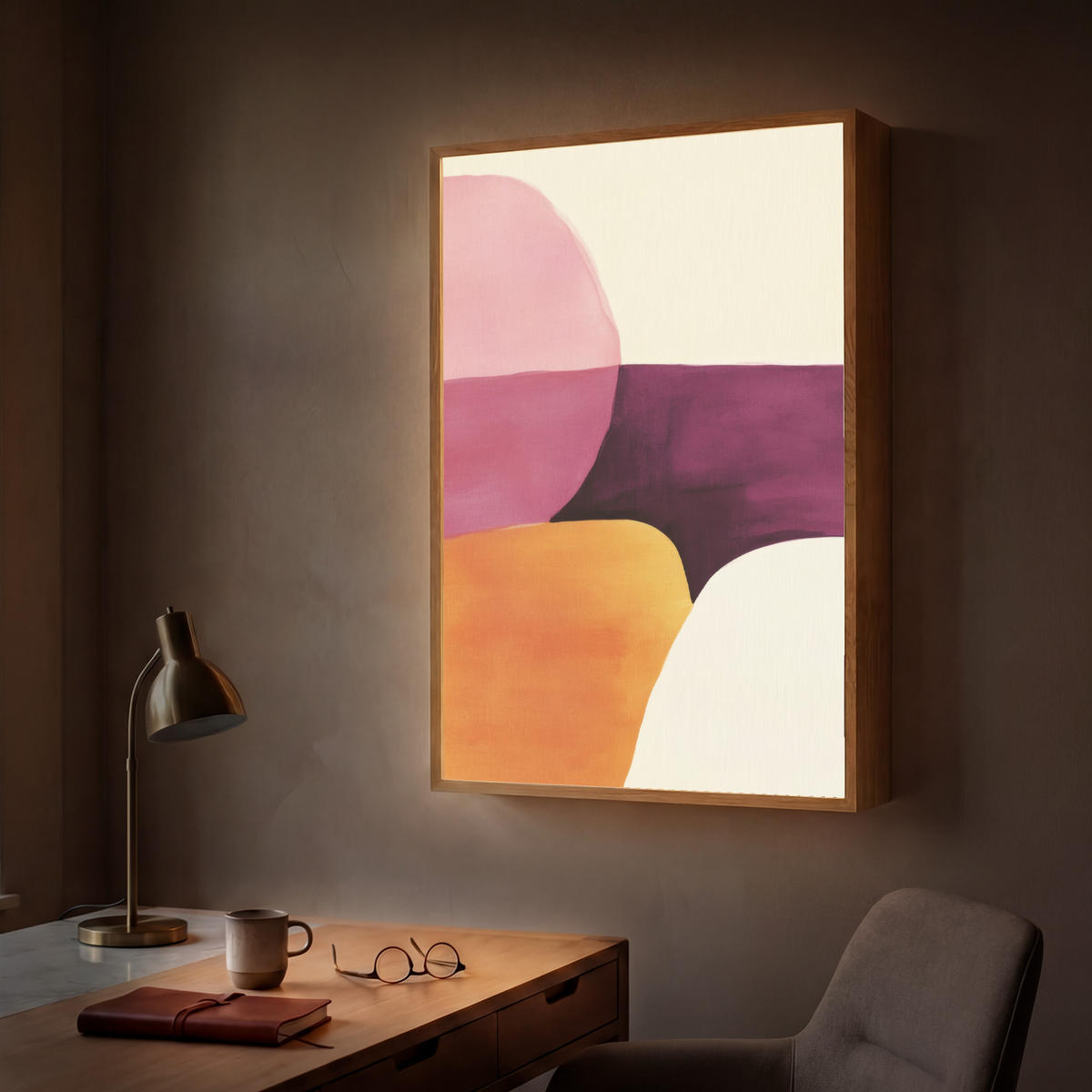 NÁSTĚNNÁ LAMPA S AKUMULÁTOREM Tvary - abstraktní - barevné 60x90 cm - růžová, kompozitní dřevo (60/90/8cm) - OnlyWow