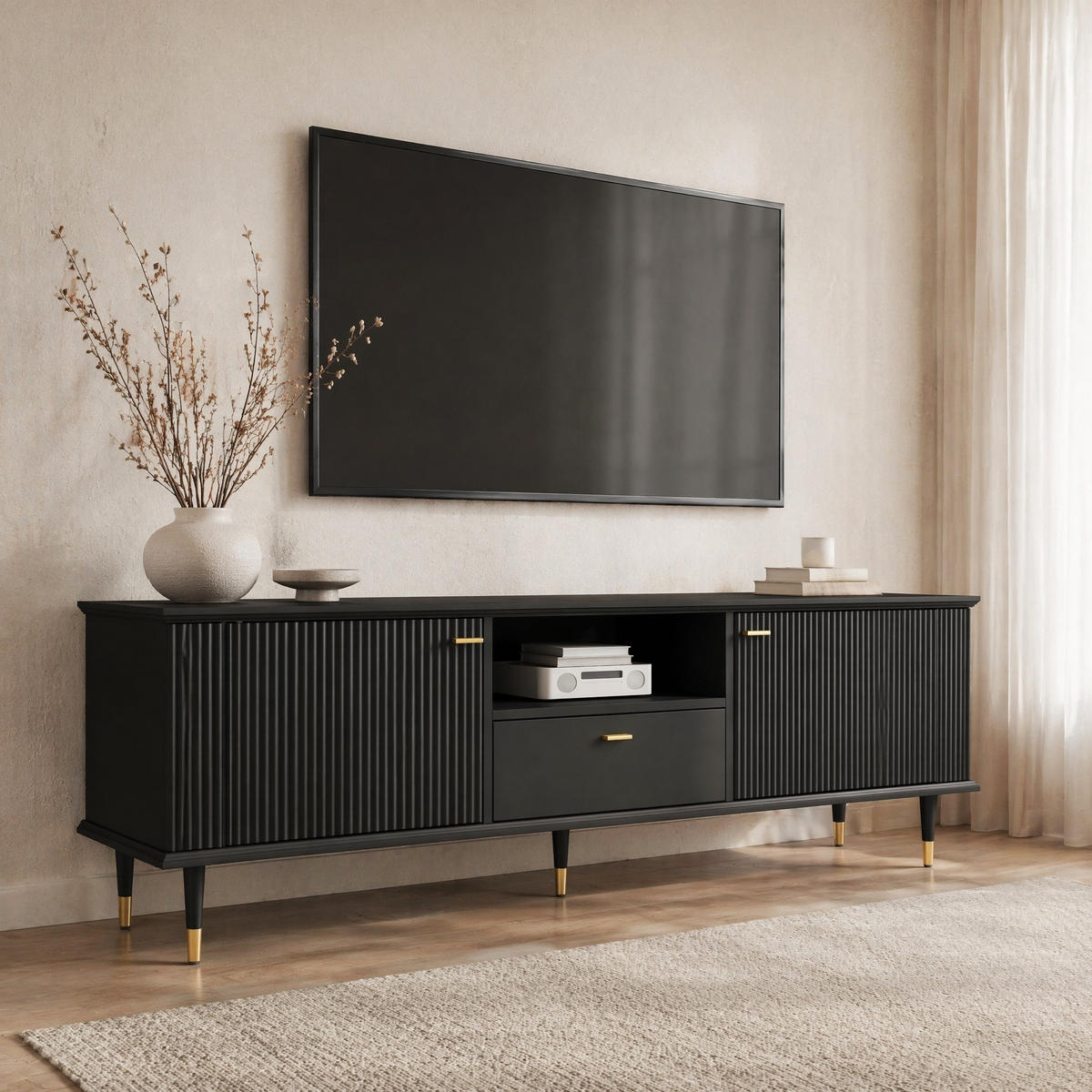 LOWBOARD in Weiß TV-Schrank mit offenen Fächern und Schubladen für Wohnzimmer, B170/T36/H54cm - Schwarz, Holzwerkstoff/Metall (170/54/36cm) - STILVORA