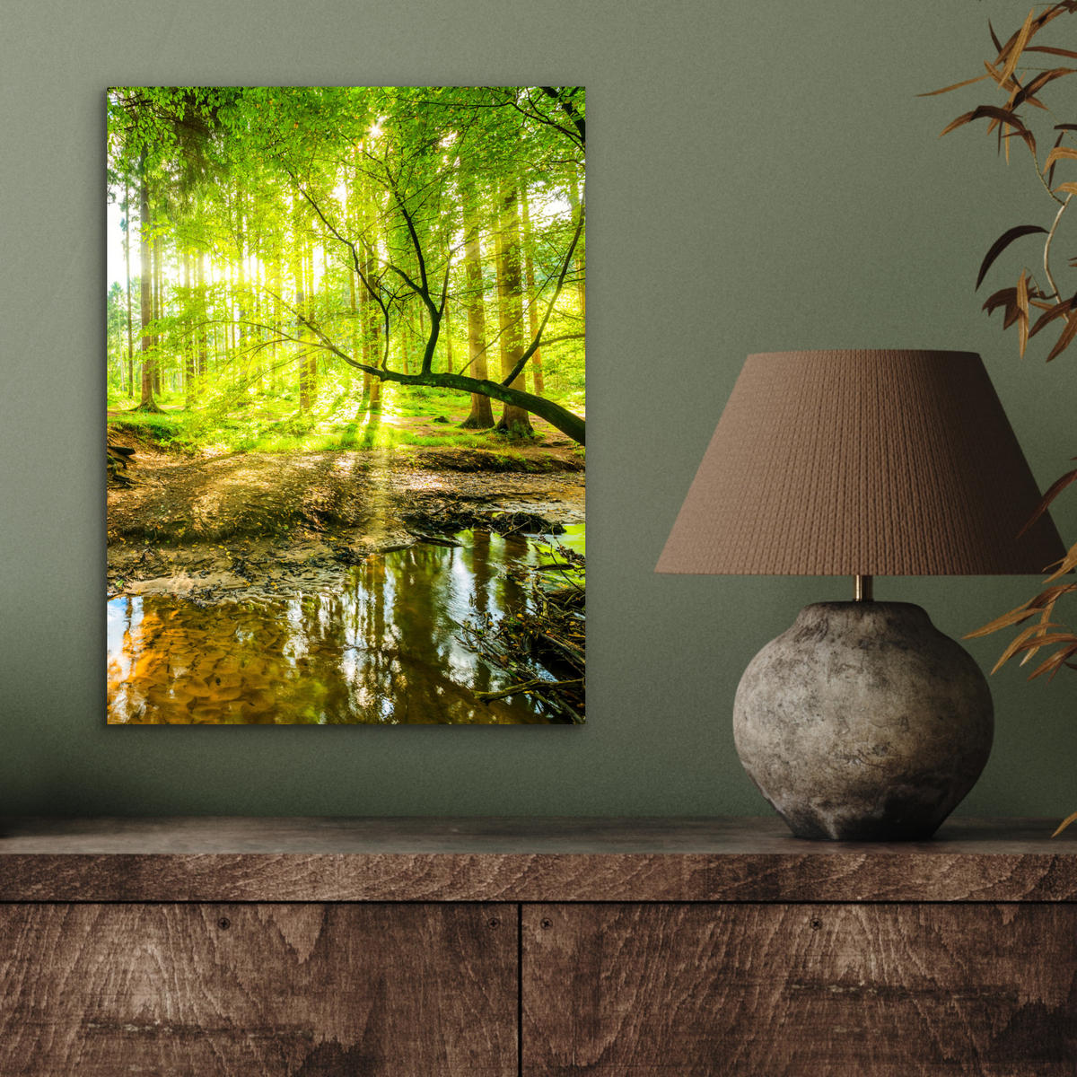 METALLBILD Wald - Landschaft - Wasser - Bäume - Sonne - Grün - Natur 30x40 cm - Grün, Metall (30/40cm) - MuchoWow