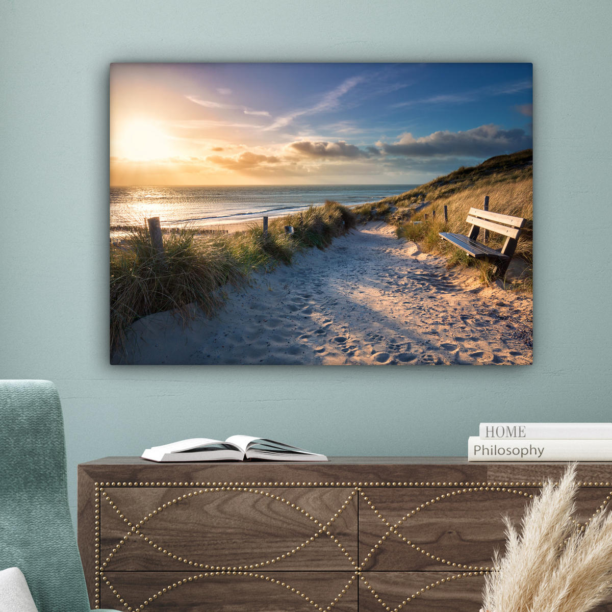 OBRAZ NA PLÁTNE Západ slnka - Pláž - Duny - Tráva - Breh 80x60 cm - piesková, textil (80/60cm) - MuchoWow