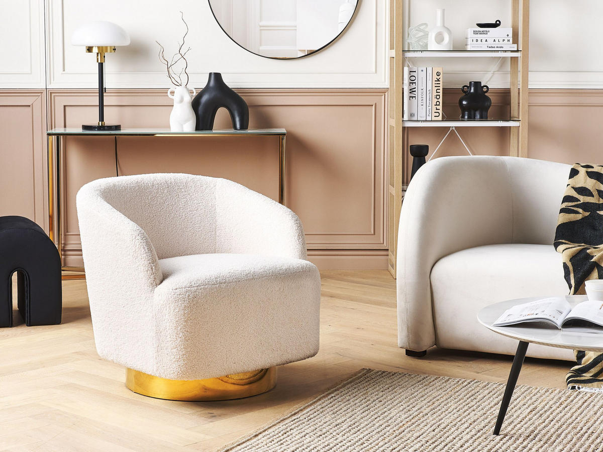 SESSEL Bouclé creme/gold mit Drehfunktion Lavik - Goldfarben/Weiß, Textil (73/71/75cm) - Beliani