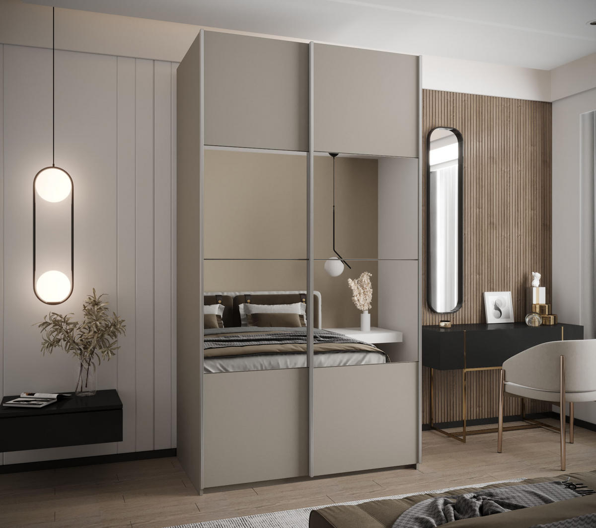 SCHWEBETÜRENSCHRANK 245,5/130/64 2-türig - Kaschmir/Silberfarben, Holz/Metall (130/245/64cm) - Abiks Möbel