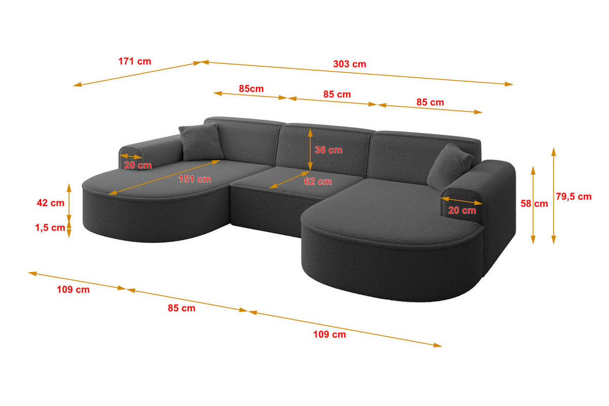 WOHNLANDSCHAFT MARI-U1 - 303x171x79 cm Grau Bouclé - Schwarz/Grau, Holzwerkstoff/Kunststoff (303/79/171cm) - ALTDECOR