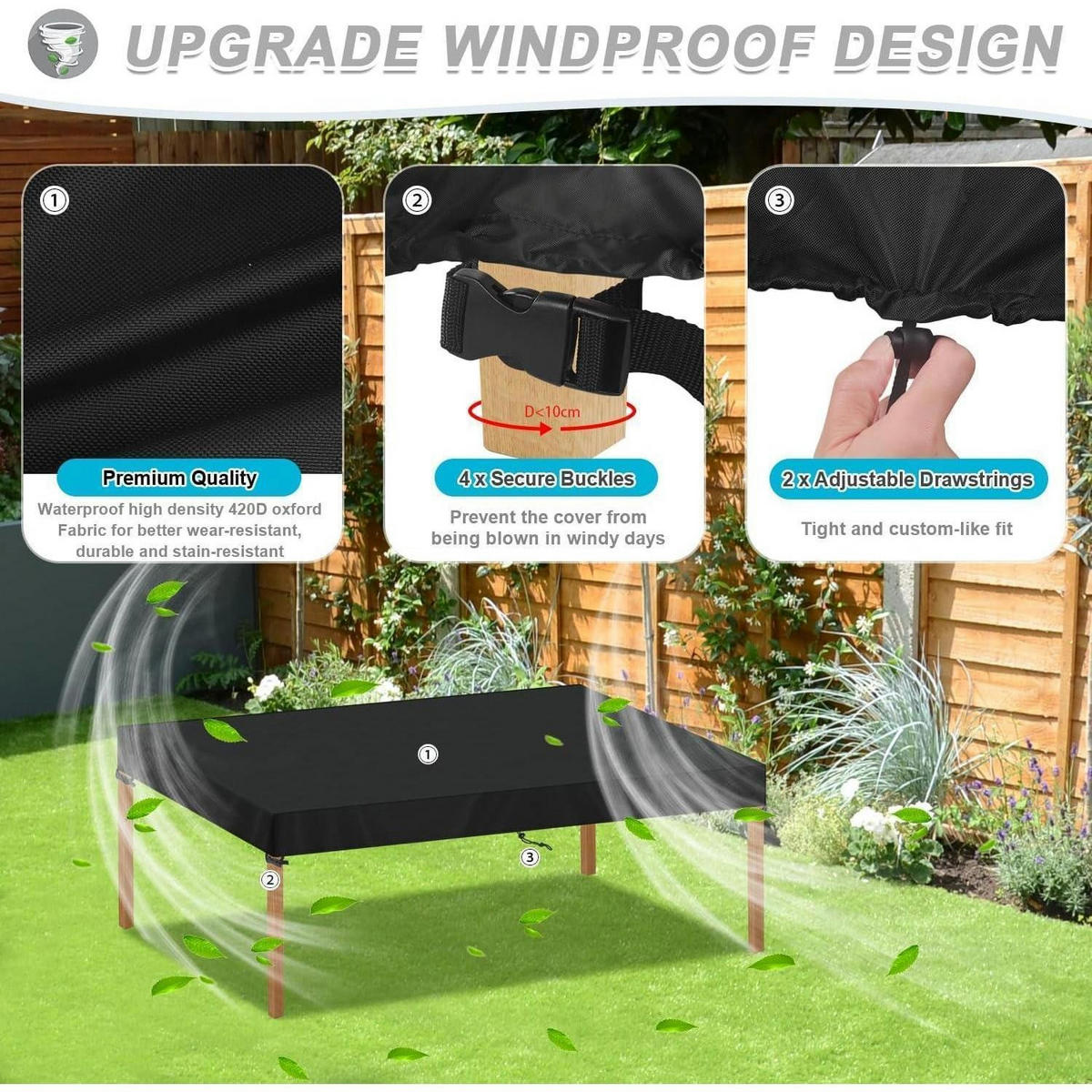 ABDECKPLANE Gartentisch 200 x 100 x 15 cm Schwarz - Schwarz, Textil (100/15/200cm)