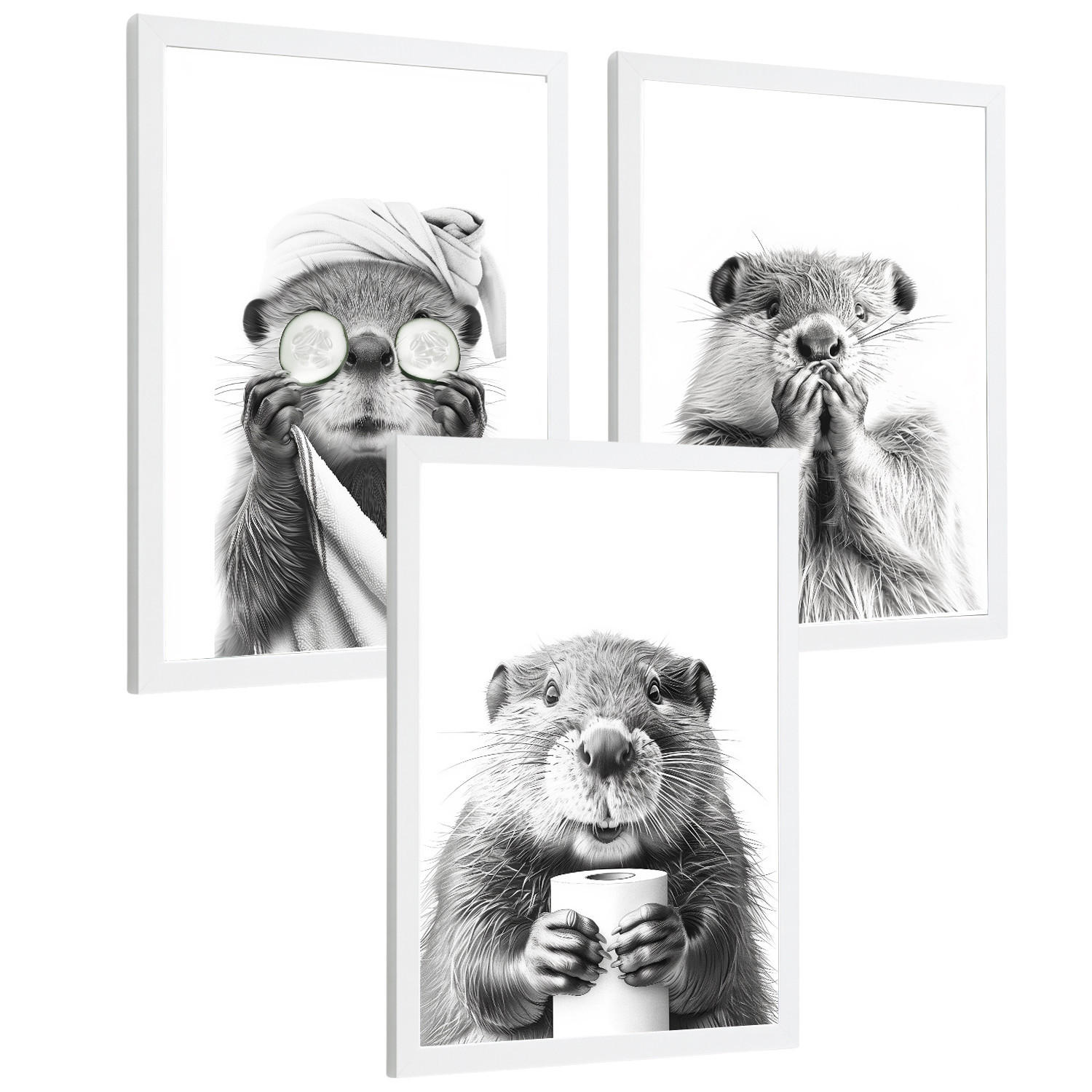 PLAKAT Sada 3 dekorativních nástěnných tisků - koupelnová dekorace se zvířaty. Černobílý PLAKAT a dekorace s bidetem a toaletou. Velikost Bílý rám A4 - bílá, papír (21/29.7/3cm) - Nacnic