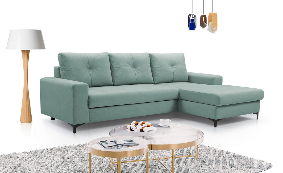 ECKSOFA AVRA L-förmig, mit Stauraumbehälter-in RINO-Stoff, Komfort & Eleganz, lose Rückenkissen, freistehend, RECHTS 251x165x85 cm Light green - Hellgrün, Holz/Textil (251/165cm) - DomoHome