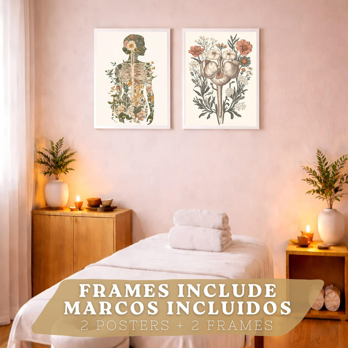 POSTER Set aus 2 Anatomie Mensch Drucke und Wandbilder mit Weiblicher Silhouette und Fortpflanzungssystem Botanischer Stil Größe Weißer Rahmen A3 - Weiß, Papier (29.7/42/3cm) - Nacnic