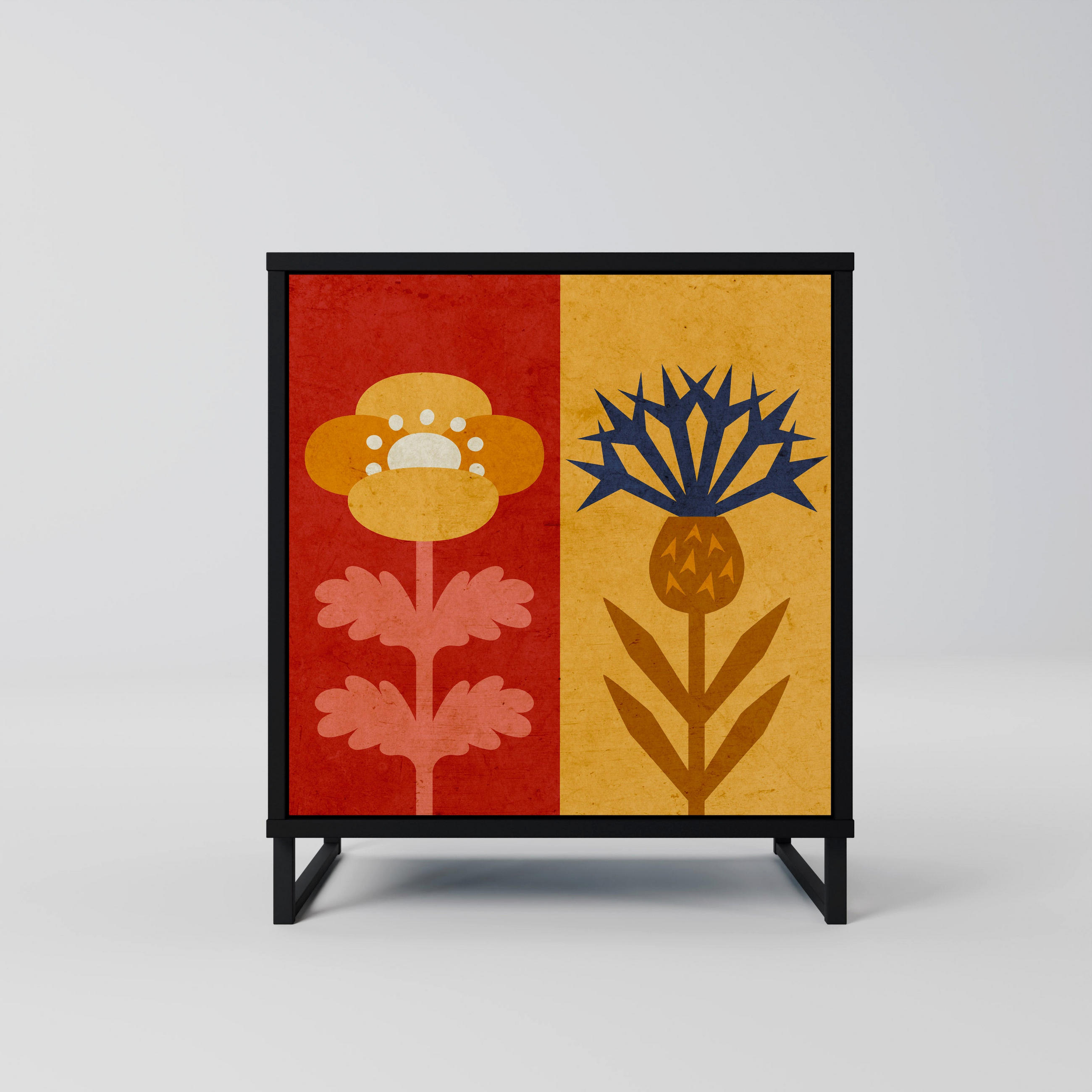 SIDEBOARD SCANDIC FLOWERET, Schwarz, 57,5x42x67,5 cm, Schwarze Metall-Rahmenfüße - Multicolor/Schwarz, Holzwerkstoff/Metall (57.5/67.5/42cm) - SpaceRebels