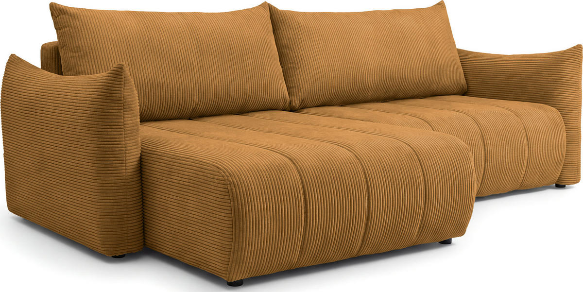 ECKSOFA Liv mit Schlaffunktion & Bettkasten in Cordstoff Senfgelb, Universell 260/154/86 cm - Dunkelgelb/Schwarz, Kunststoff/Textil (260/154cm) - WFL GROUP