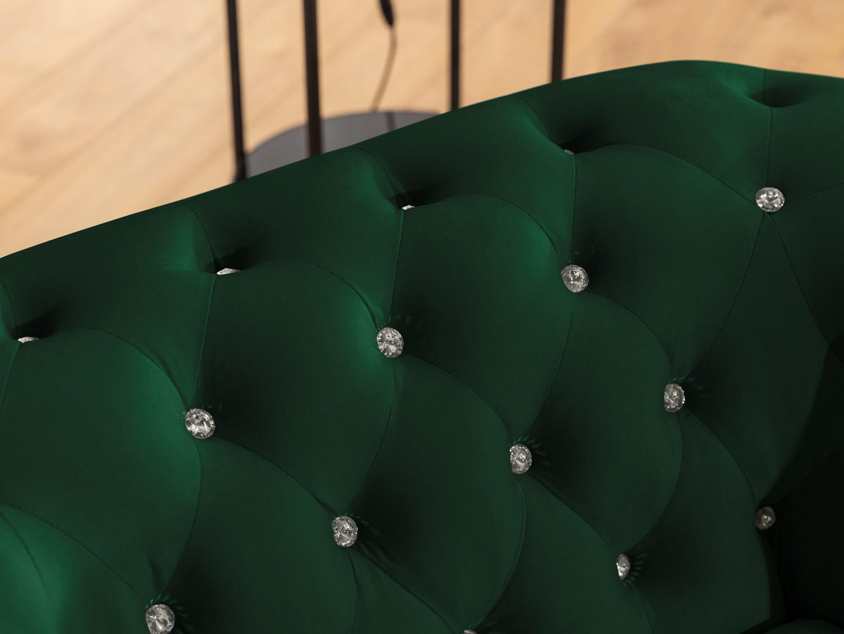 ECKSOFA mit Schlaffunktion Chesterfield Flasche Grün Samt mit Kristallsteppung und braunen Massivholzfüßen - Ottomane Links - Braun/Grün, Holz/Textil (264/210cm) - S-Style Möbel