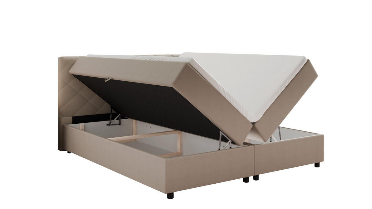 BOXBETT Diamaro 180x200 cm mit Bettkasten und Topper - Dunkelbeige - Beige, Holz (180/200cm) - Panda Möbel