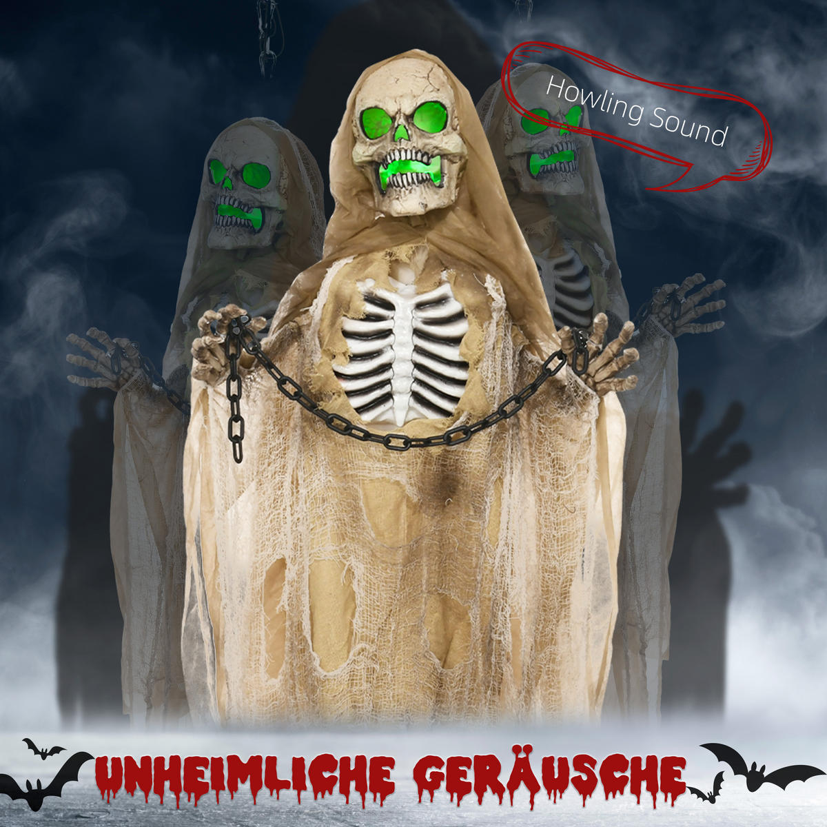 183CM Halloween Dekoration Hängendes Skelett mit LED-Lichter, Soundfunktion - Hellbraun, Kunststoff/Metall (18/183/70cm) - HOMCOM