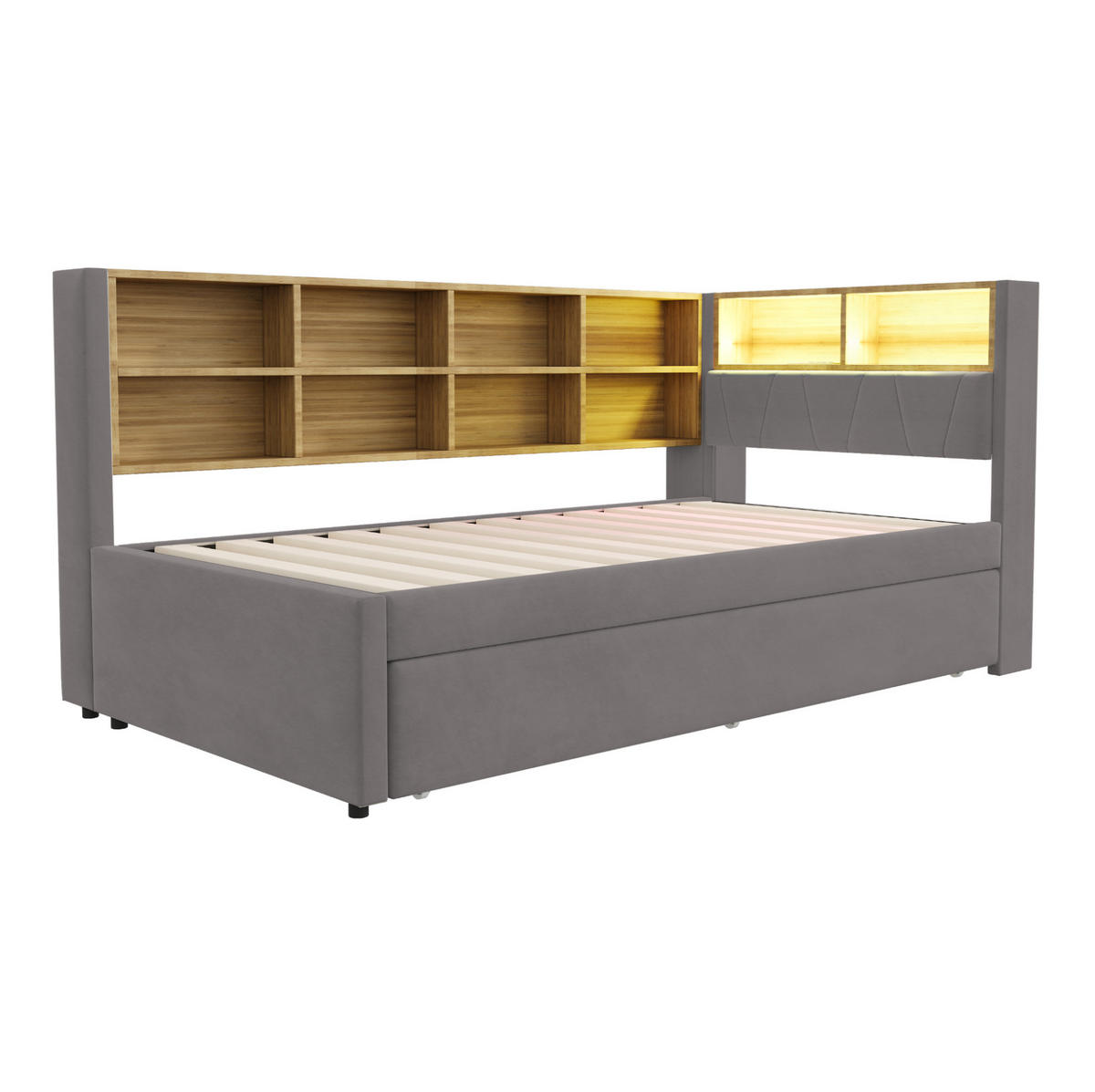 POLSTERBETT mit LED-Beleuchtung 90/200 cm mit Ausziehbett und Stauraum - Dunkelgrau, Textil (90/200cm) - BEAOK