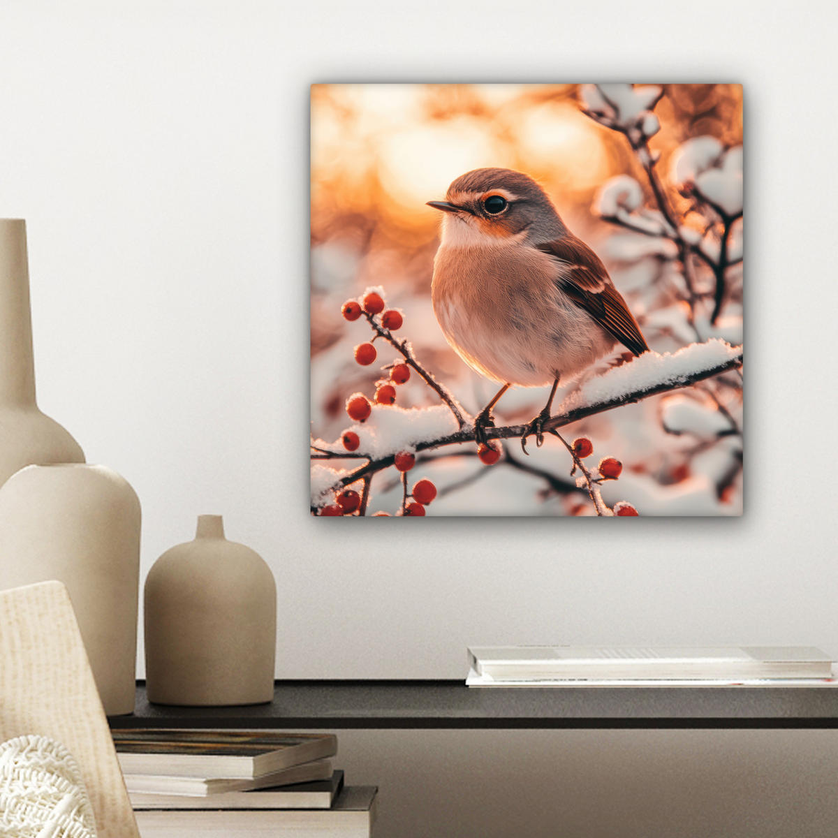 LEINWANDBILD Vogel - Zweig - Winter - Tiere - Schnee Deko Wohnzimmer 20x20 cm - Bernsteinfarben, Textil (20/20cm) - MuchoWow