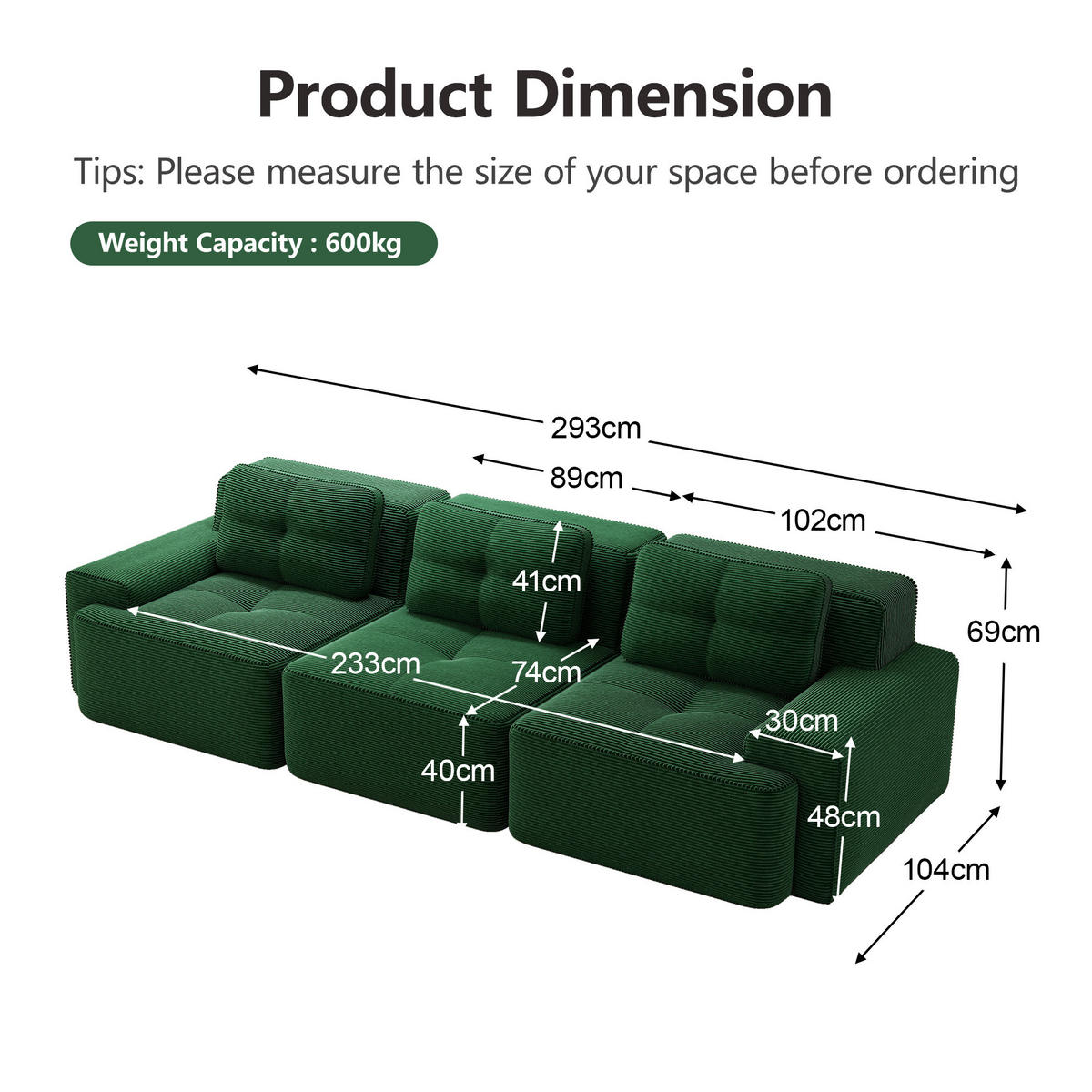 SOFA modular 3-Sitzer mit 74 cm Tiefsitz Cord Grün - Grün, Kunststoff (104/69/293cm) - Meubliv