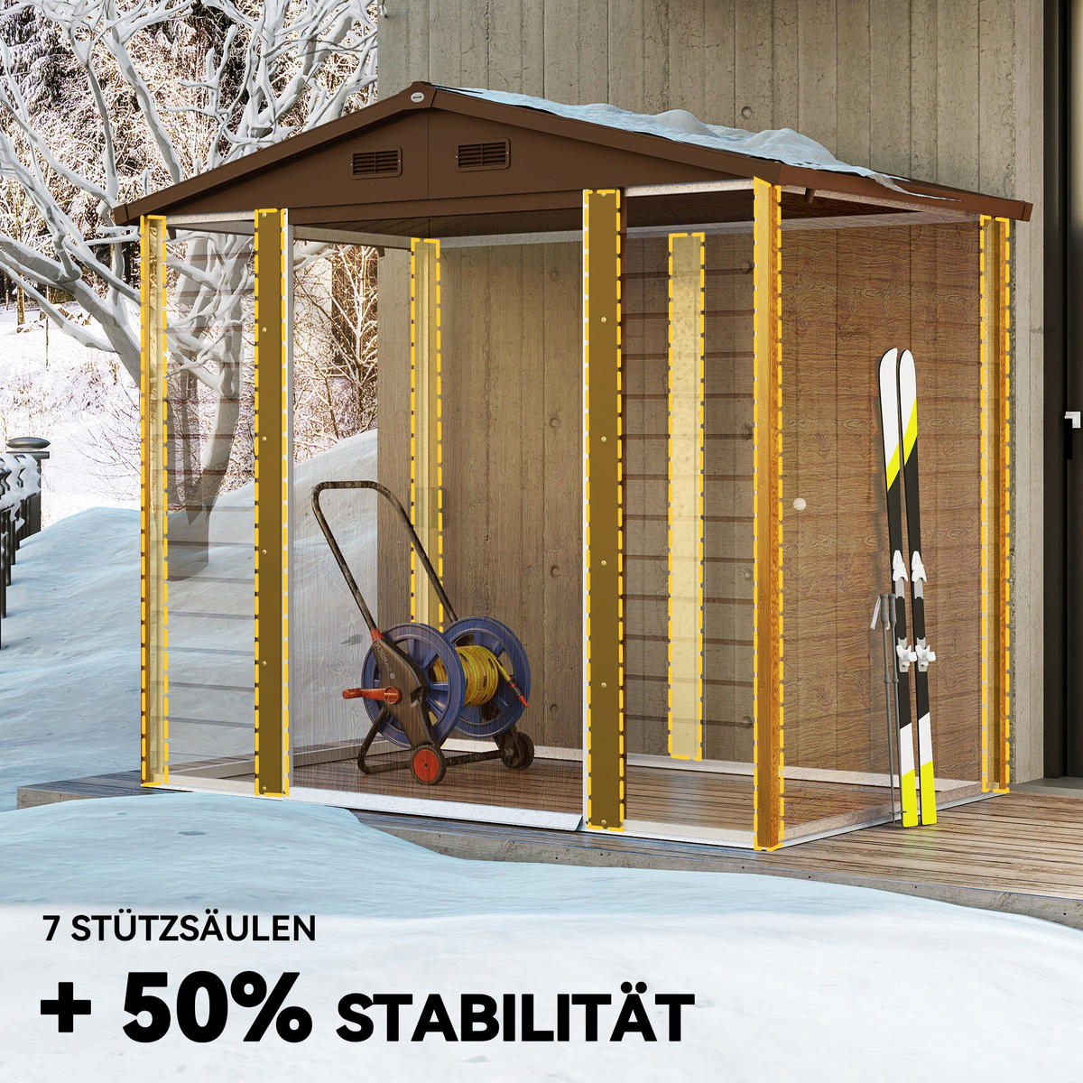GARTENSCHUPPEN DE-08119 mit Doppelschiebetür & Fenster, Holzoptik Braun - Braun, Metall (152/208.7/235.7cm) - ComfortXL