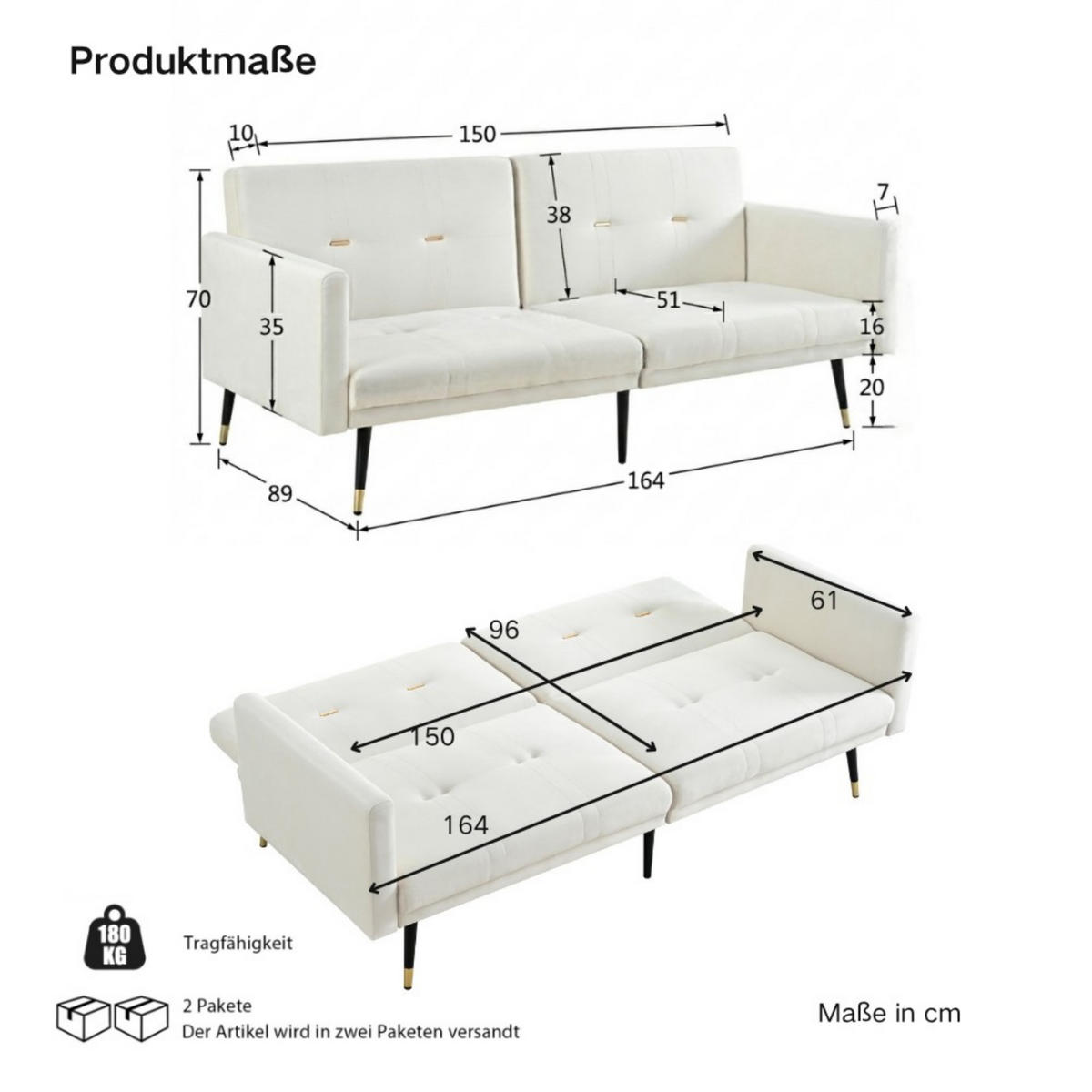 SCHLAFSOFA Zweisitzer mit Schlaffunktion,Klappsofa,Samt,Beige - Beige, Textil (164/70/51cm) - LVHOM