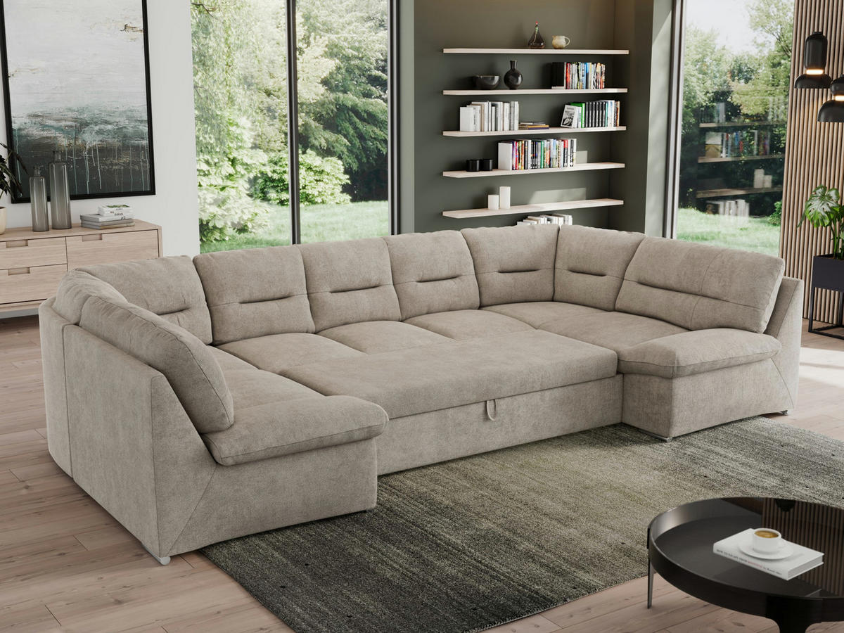 WOHNLANDSCHAFT MORBIDO U Beige Struktur - Beige/Silberfarben, Textil/Metall (340/93/206cm) - MKS