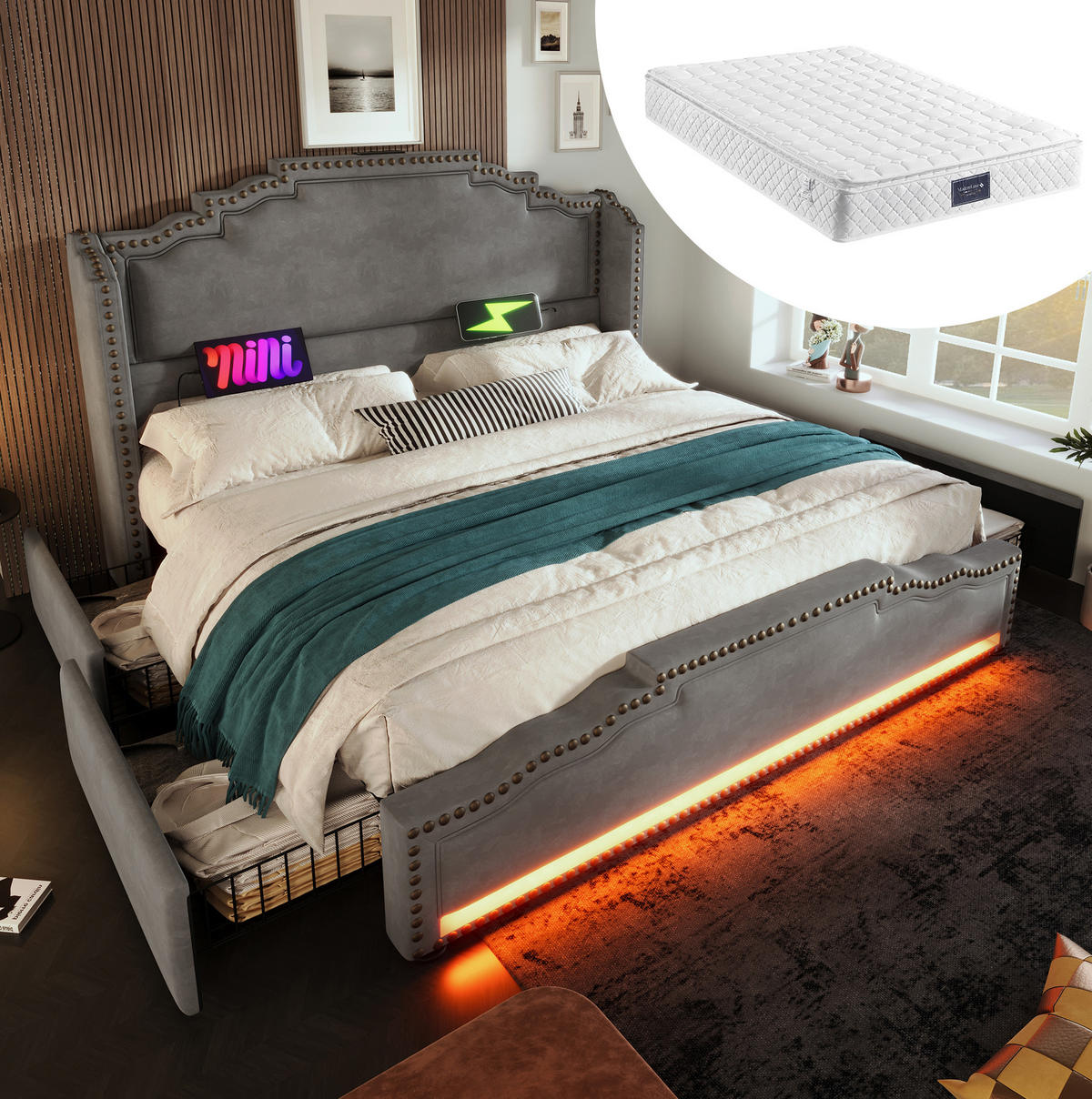 BETT mit 4 Schubladen, LED & USB-C 160x200 cm Samt Grau inkl. Matratze - Grau, Metall (160/200cm) - Meubliv