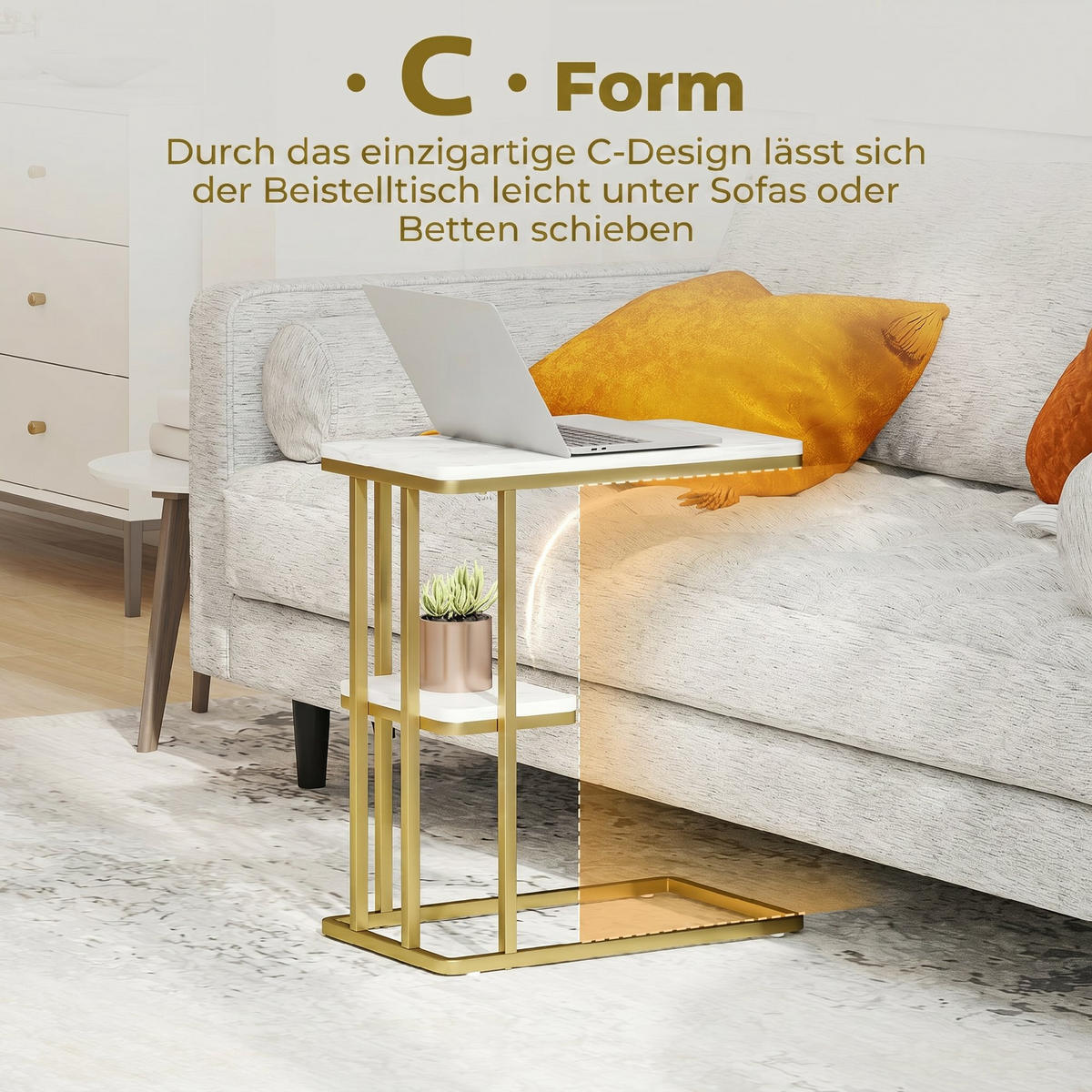 SIDOBORD i MDF och stål, vit - Vit/Guldfärgad, Träbaserade material/Plast (50/30/57.5cm) - HOMCOM