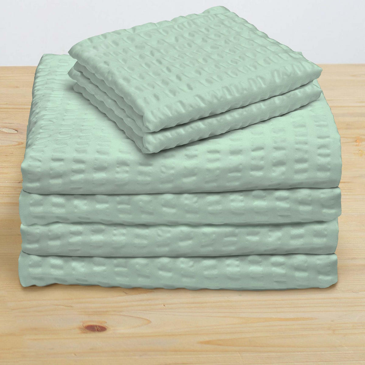 BETTWÄSCHE Meline 135/200 cm + Kissenbezug 40/80 cm Salbei Seersucker 2er - Salbeigrün, Textil (40/80cm) - Beautissu 