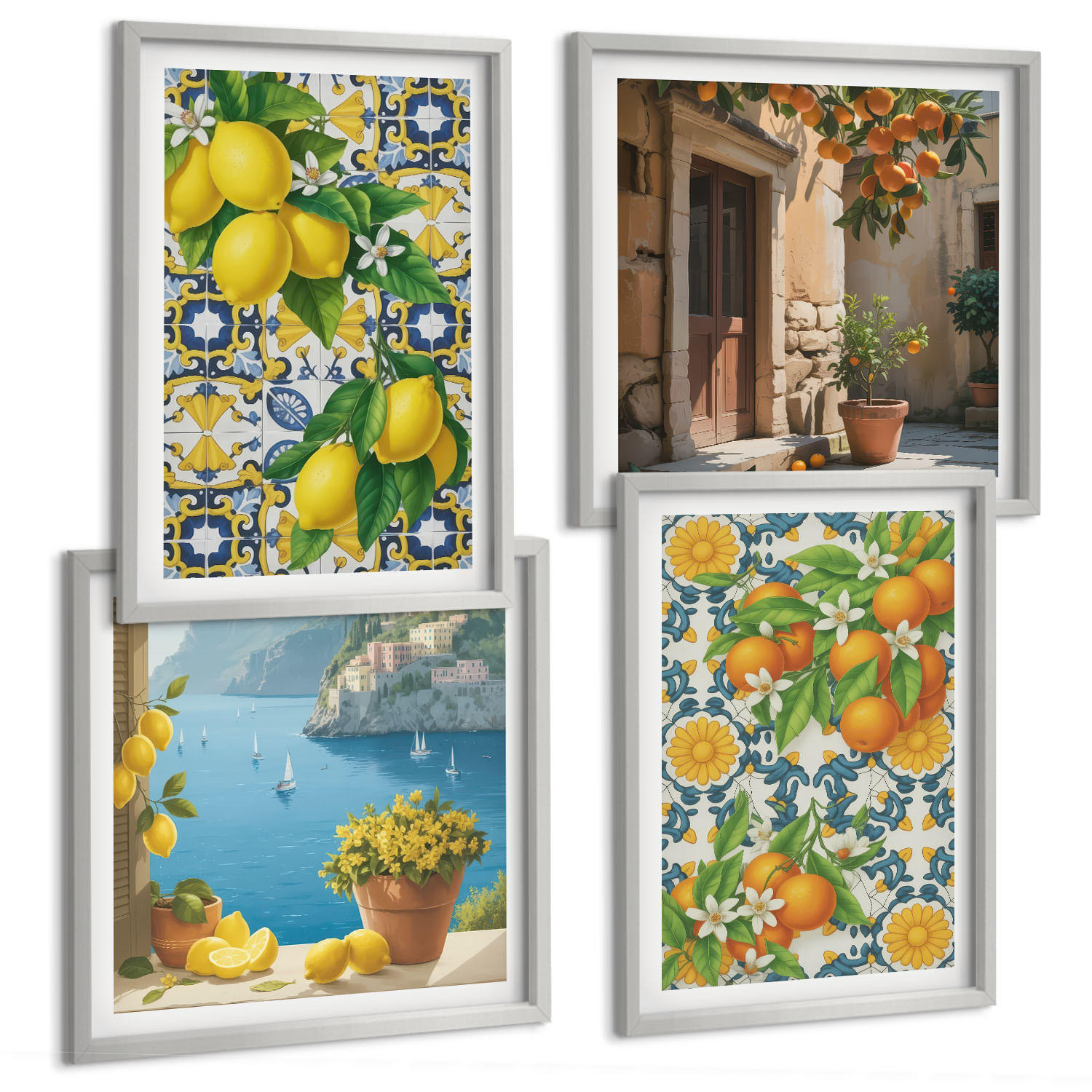BILDER SET 4er Set - 50x50 cm & 40x60 cm Silberner Rahmen - Zitronen, Blumen, Orangen, Italien - Silberfarben, Kunststoff (50/50cm) - TULUP