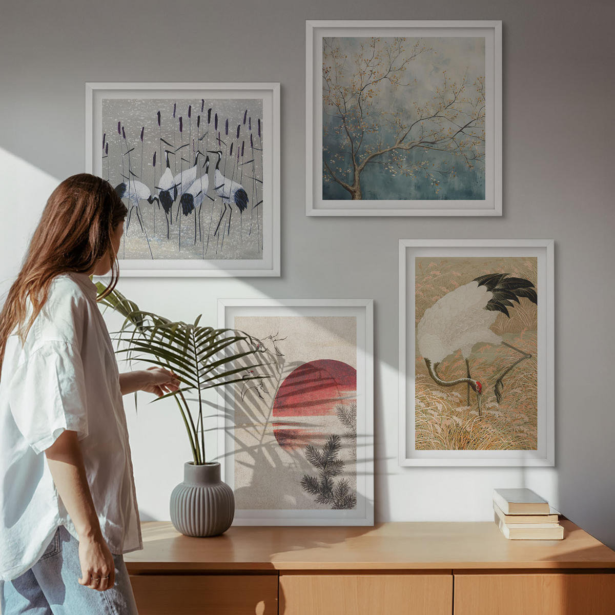 BILDER SET 4er Set - 50x50 cm & 40x60 cm Weißer Rahmen - Japanische Kraniche Landschaft - Weiß, Kunststoff (50/50cm) - TULUP